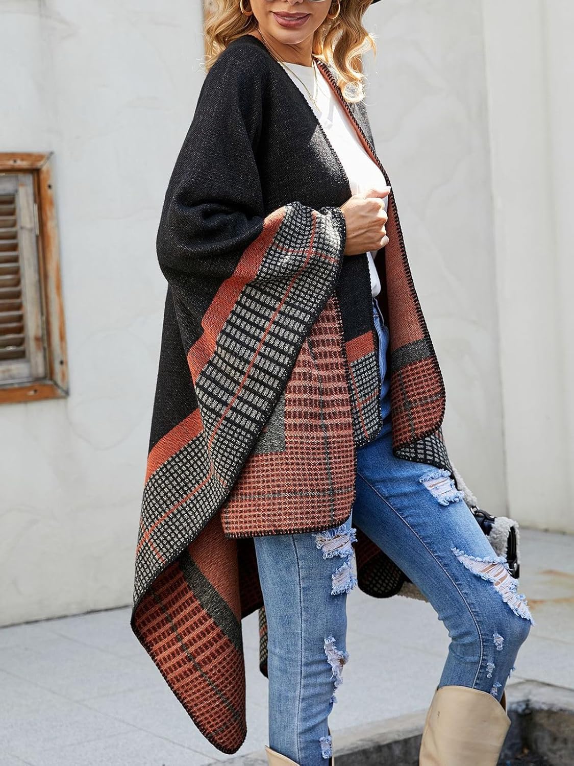 KirGiabo Women's Plaid Sweater Poncho Cape Coat Open Front Blanket Shawls and Wraps - Image 4