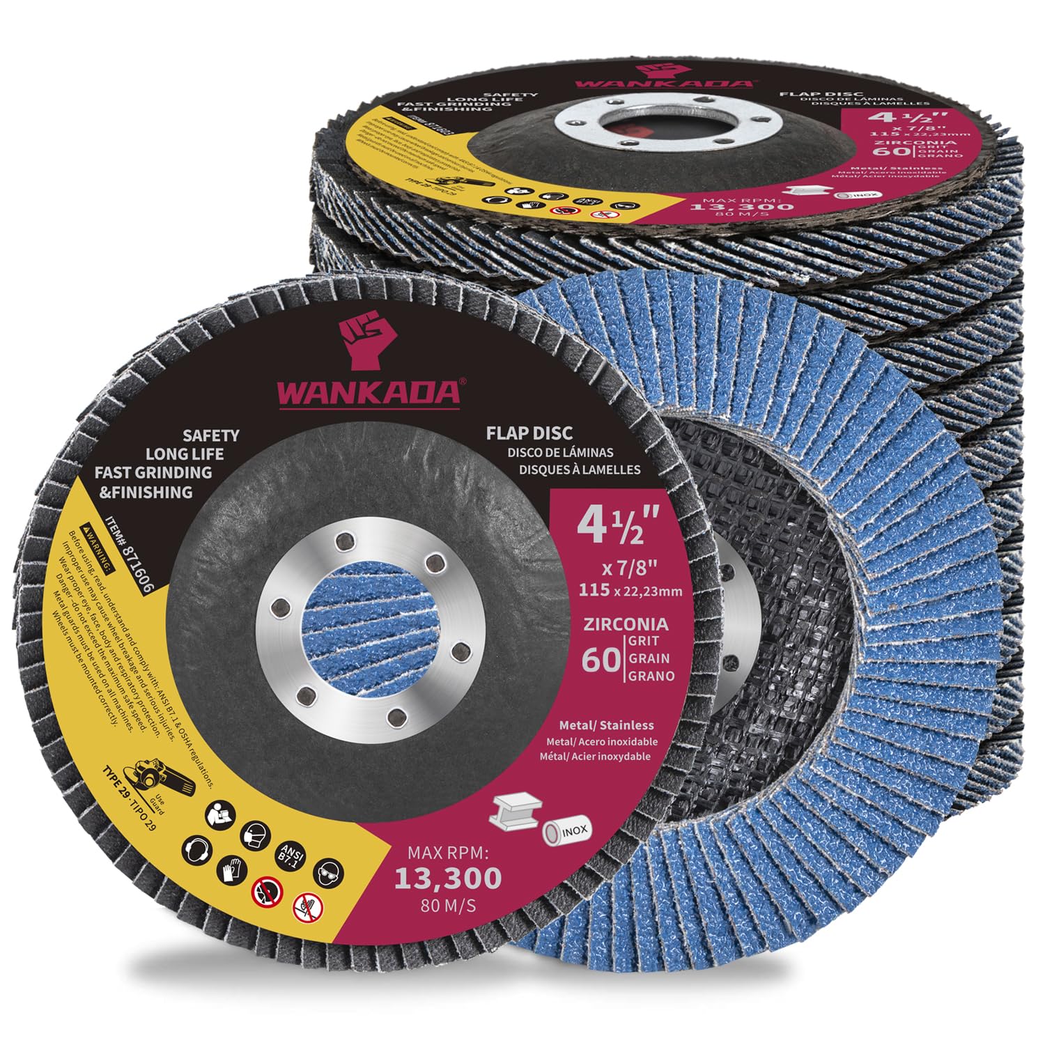 WANKADA 60 Grit Zirconia Flap Disc 4-1/2" x 7/8-Inch Abrasive Sanding Disc Bevel Type 29 Angle Grinder Edge Grinding Wheel for Stainless Steel and