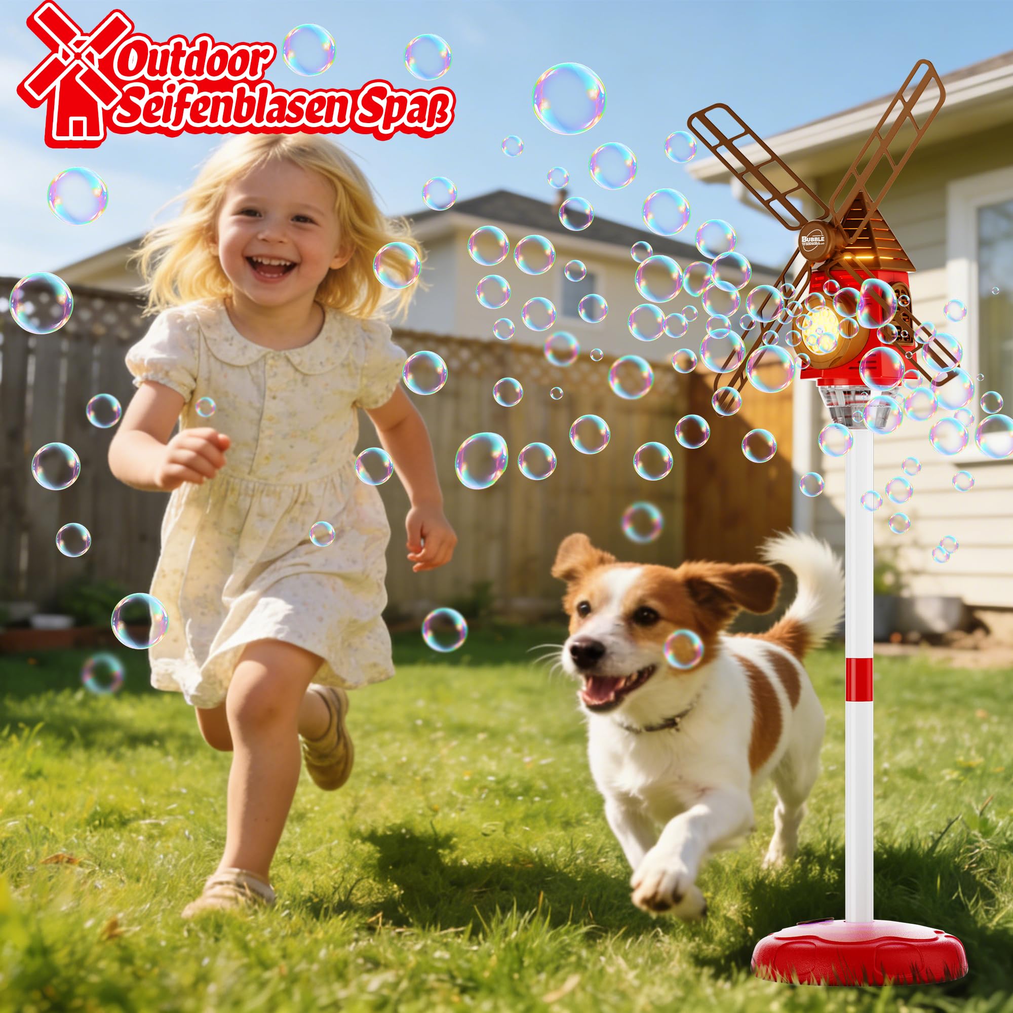 Belemar Windmühlen-Seifenblasenmaschine mit Licht und Musik, bis zu 1,3 m höhenverstellbar, 130-ml-Tank, batteriebetriebene Seifenblasenmaschine für Kinder, Geburtstage, Partys und Garten
