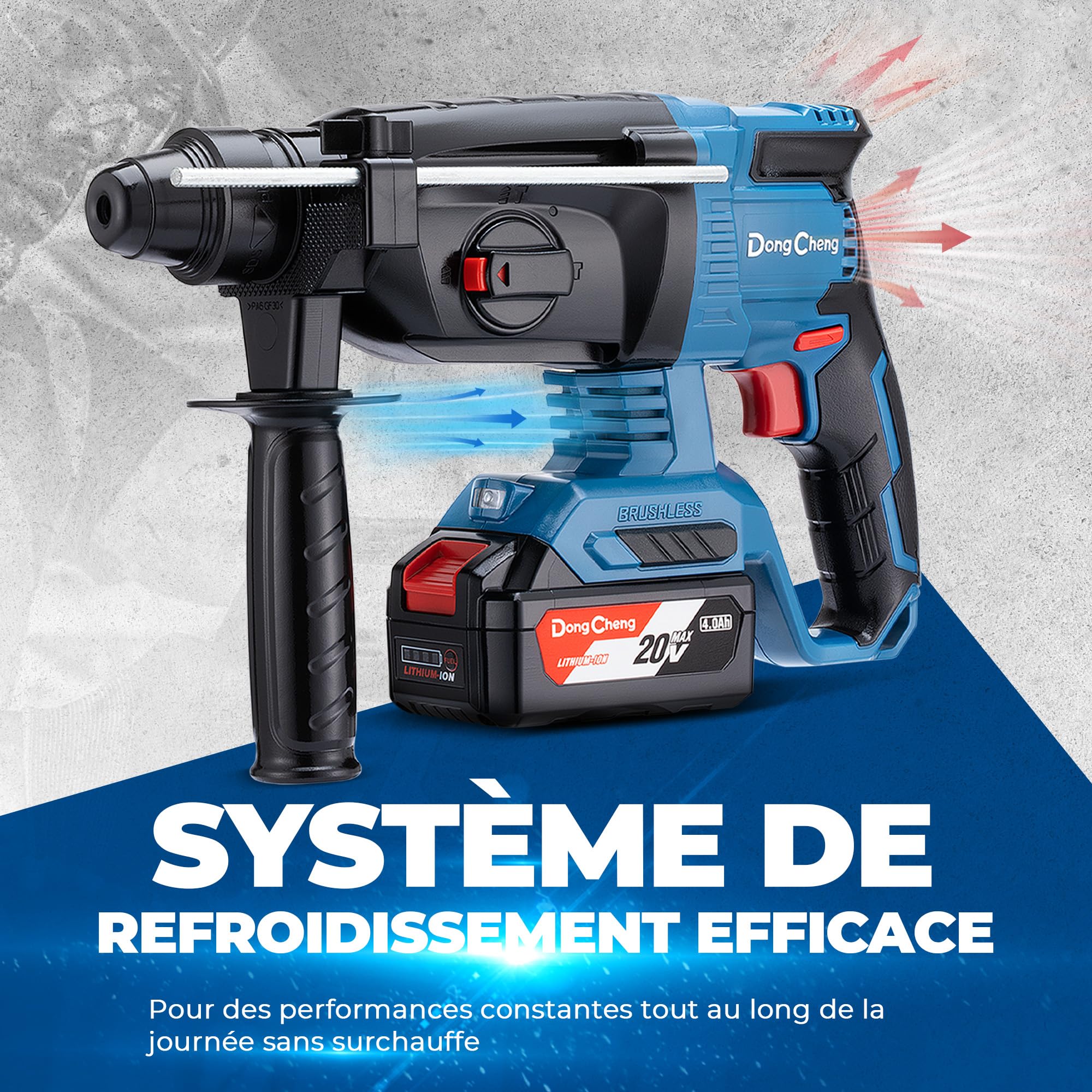 Dong Cheng Marteau perforateur sans fil 18V, énergie de frappe 2,8 J, avec 4 bits SDS-plus, diamètre de perçage maximum 28 mm, moteur de marteau perforateur sans balais, poignée anti-vibration