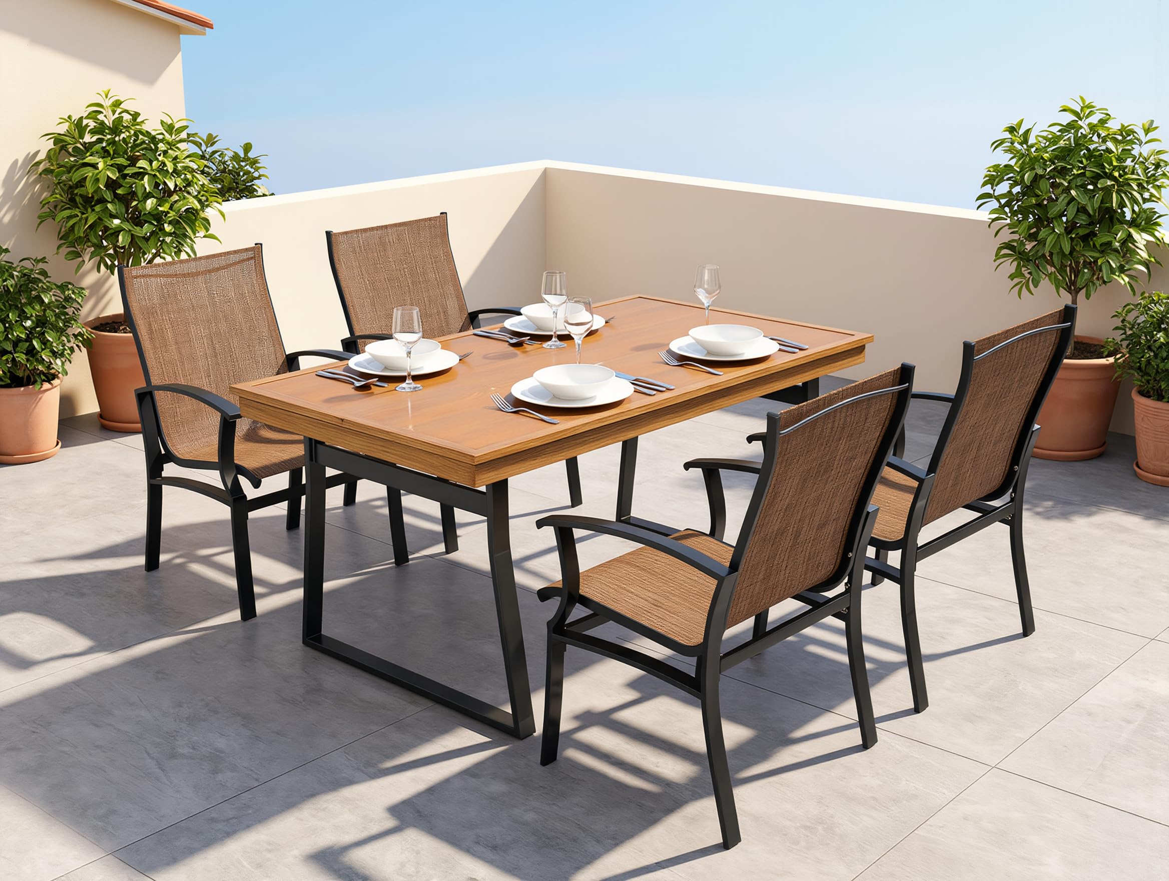 Set Pranzo da Giardino 5 Pezzi HAVANA – Tavolo Rettangolare 150x90 cm Vetro Temperato Effetto Legno + 4 Poltrone Textilene Traspirante con Braccioli Struttura Alluminio Antracite Arredo Giardino