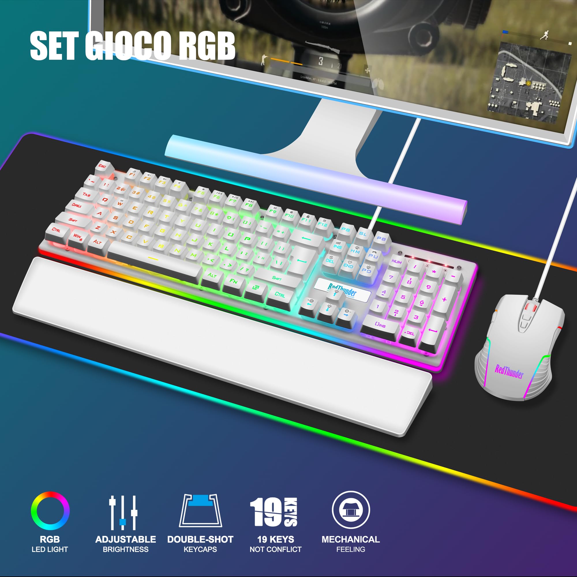RedThunder K10 Juego de reposamuñecas de piel 3 en 1, retroiluminación dinámica RGB + sensación mecánica, teclas anti fantasma + ratón 7D 7200DPI, diseño de TI, jugadores de PC - Blanco