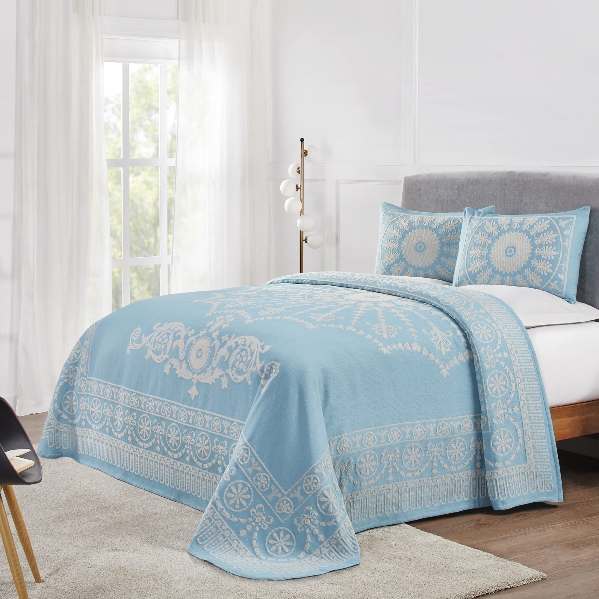 SuperiorCotton Blend Bedspread 2-Piece Set, Light Weight Blanket, 1 Matching Pillow Sham, Oversized Bedding, Traditional Bedroom, Jacquard Medallion Decor, Kymbal Collection, Twin, Aqua