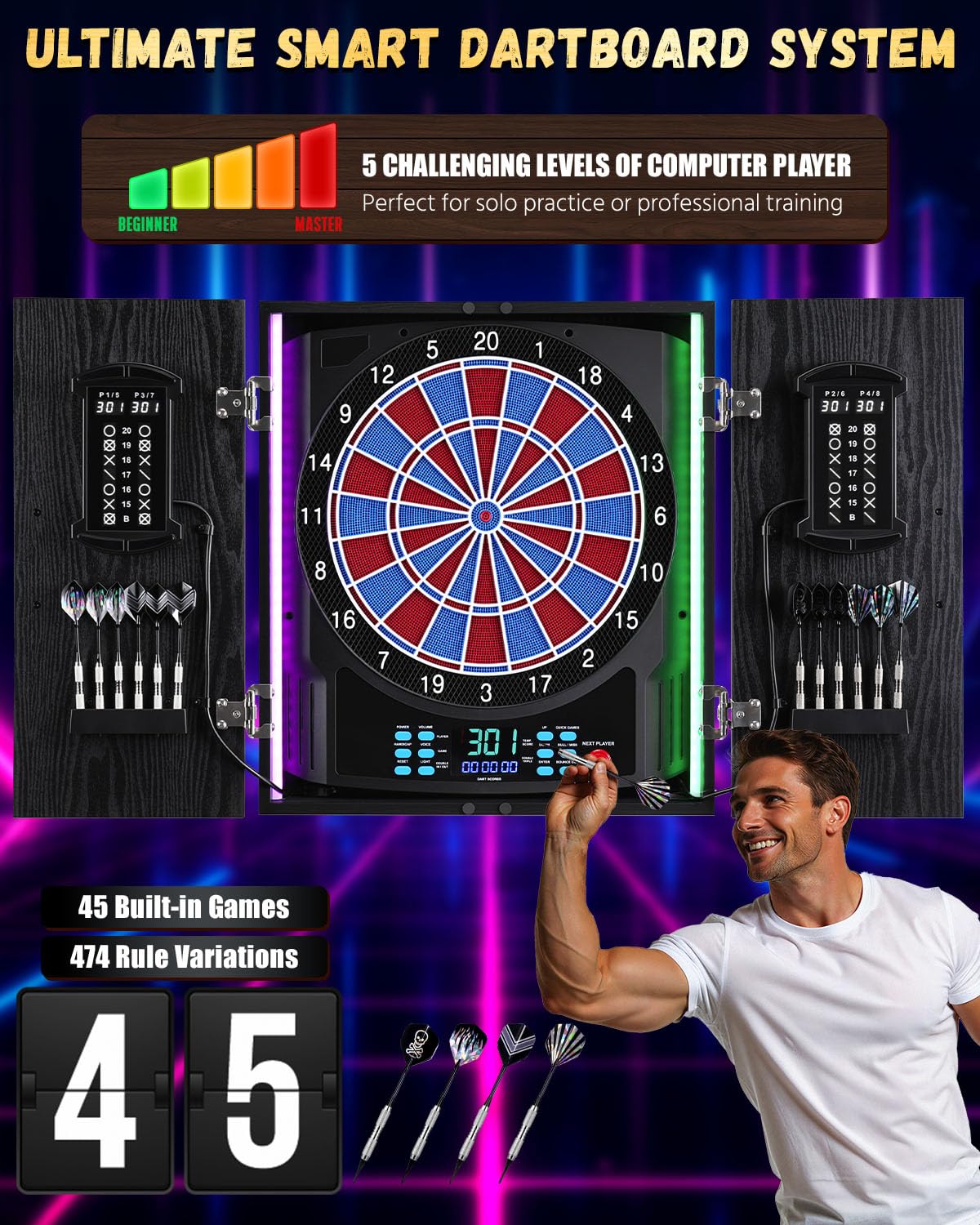Cible de Fléchettes Électronique Adultes avec Armoire, LED 8 Couleurs Sons | Effets Sonores et Lumineux, Score Automatique, 12 Fléchettes Soft Tip, Mode Cricket