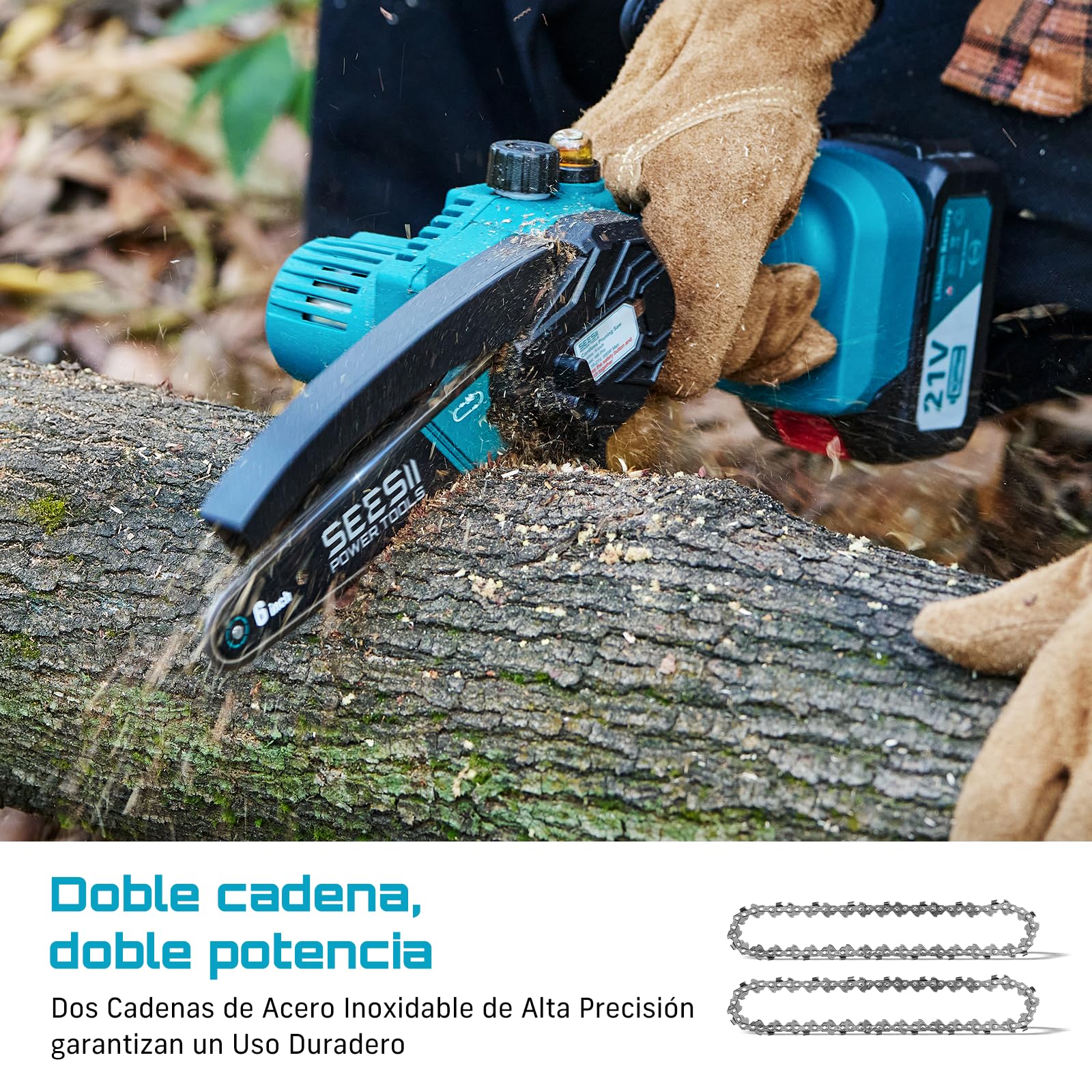 SEESII 6'' Mini Motosierra Bateria 2x4000mAh, Motosierra Eléctrica Bateria 900W con Depósito Para El Aceite y Cadena Reemplazable, Motosierra Inalámbrica Portátil para Podar Árboles de Jardinería — view 8