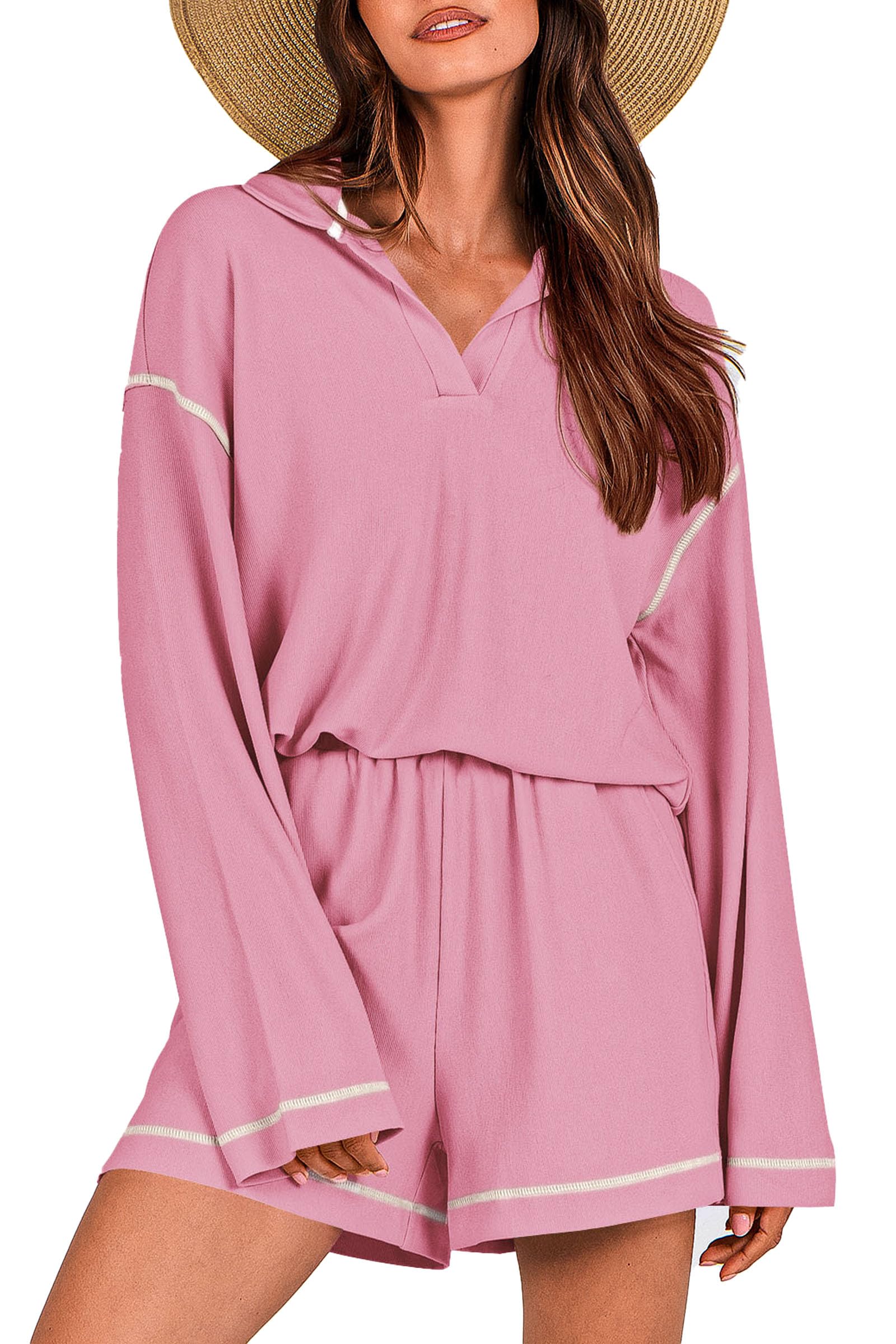 PRETTYGARDENWomen's 2023 Fall Two Piece Outfits Lounge Sets Tracksuit Long Sleeve Lapel Shirts Tops And Shorts With Pockets