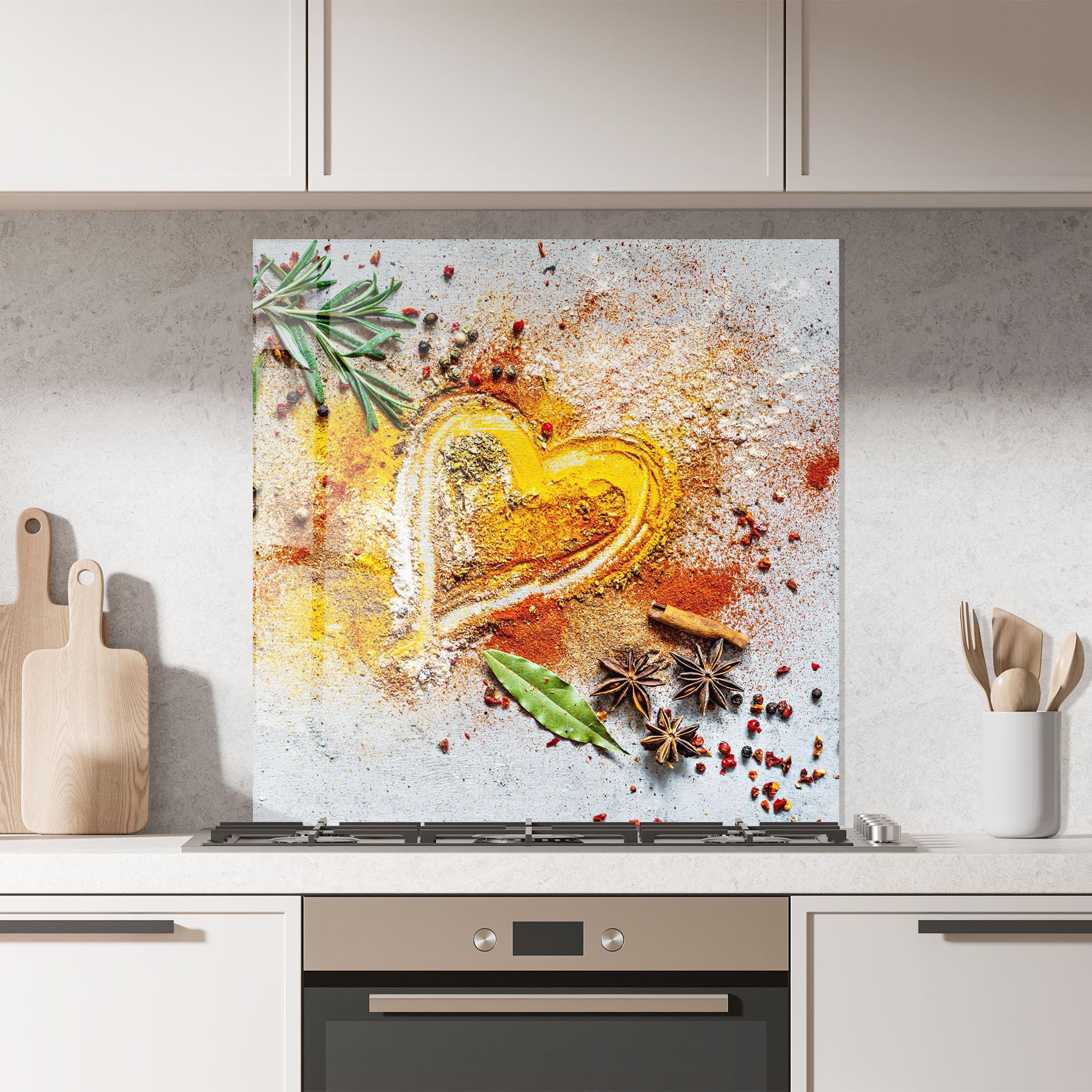 ARTHUB® Paraschizzi Cucina in Vetro temperato 60x60 cm, Heart Spice Powders | Protezione Contro Gli Schizzi, Protezione murale per fornelli, Vetro temperato, Alimenti, Spezie