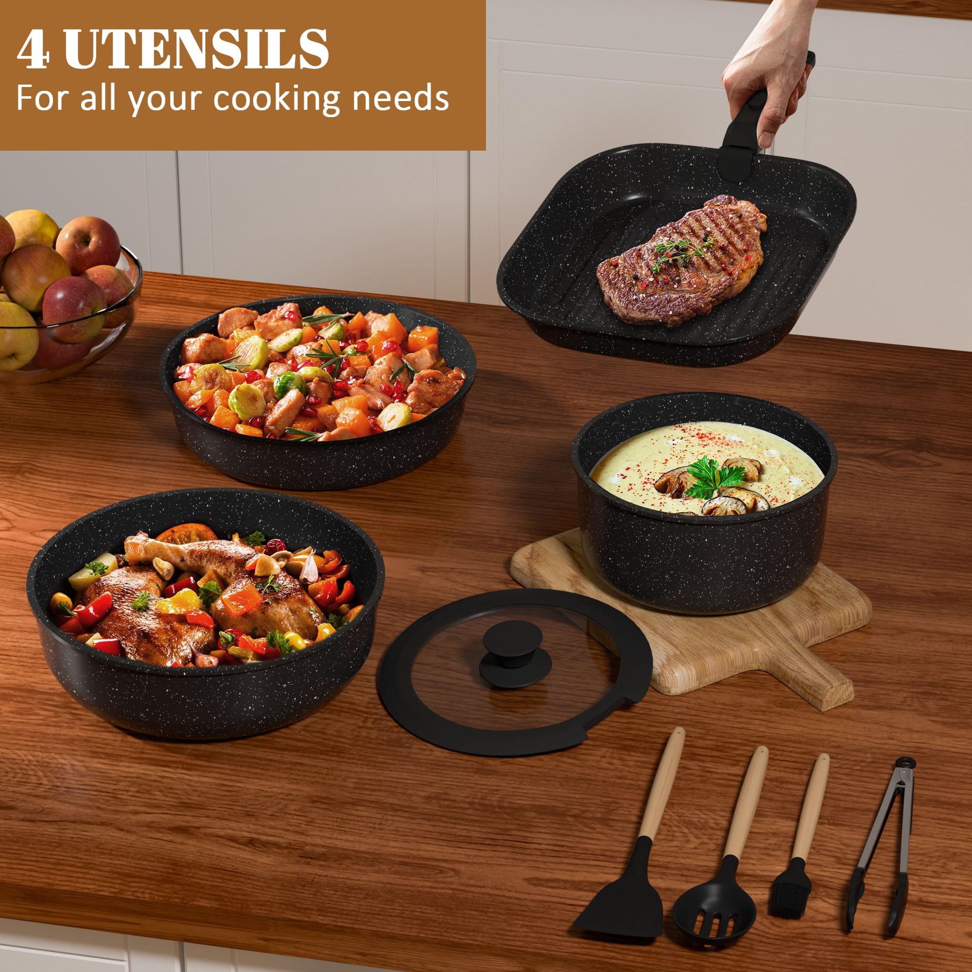 Gimars 14pcs Set di Padelle Antiaderente da 14PCS con 2 Manici Rimovibili | Padella da 20 26cm,Casseruola 20cm,26cm Griglia,4 Coperchi 4 Utensili,Senza PFOA PFTE per Induzione Gas Forno