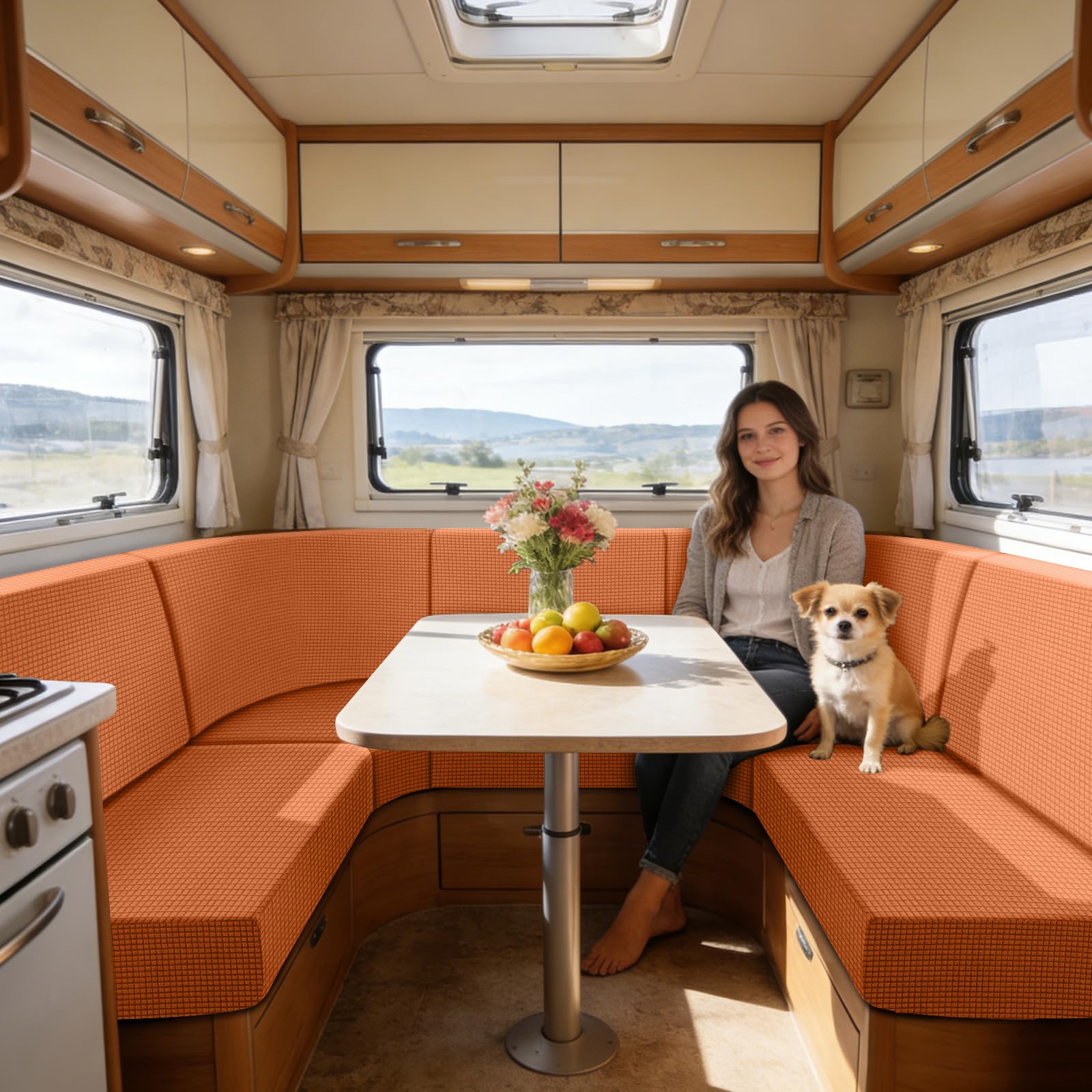 SYLC Caravan Seat Cover Stretch Jacquard, Non-slip RV Dinette Cushion Covers with 2 Straps, Couch Cushion Covers for Camper Sofa Bench (Orange,W 70-95 cm, D 40-65 cm)