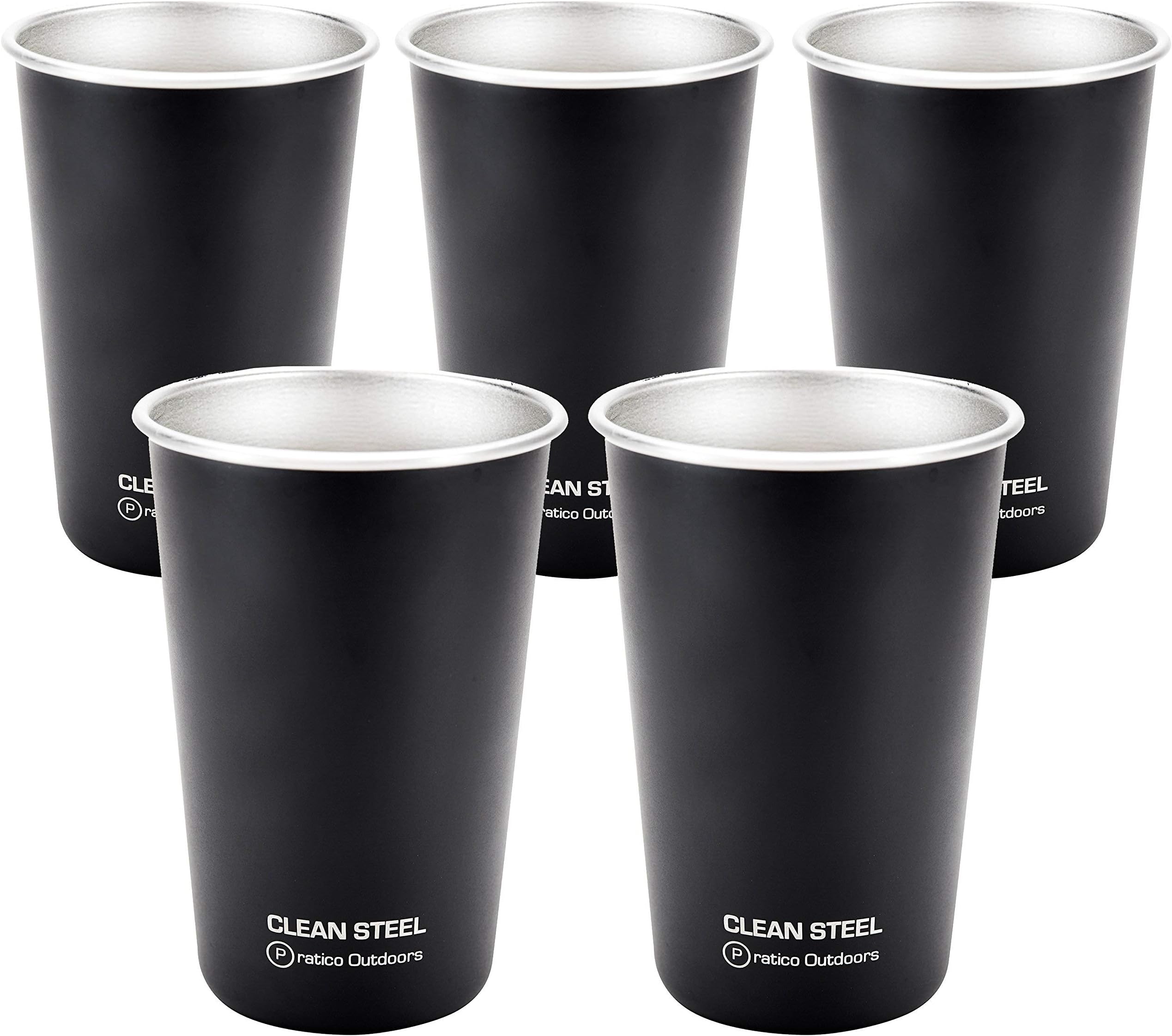 Pratico Outdoors Clean Steel Stainless Steel Cups - Multi-Purpose 16 Oz Pint Glasses Made From Bpa Free Premium 18/8 Electropolished Ss Metal (Set Of 5 - 473 Ml) - Black