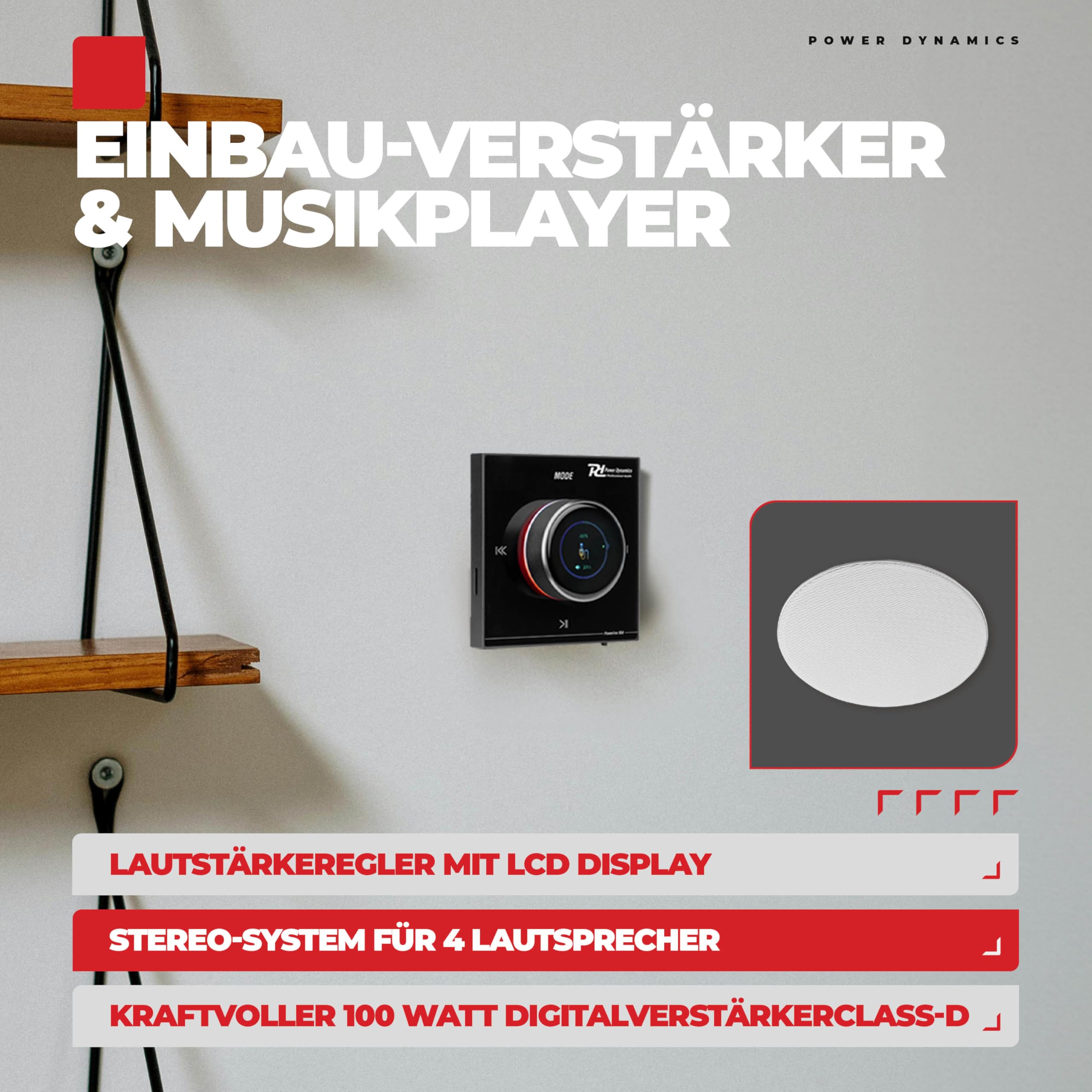 Power Dynamics B100B Bluetooth Deckenlautsprecher 4er Set - 4X Einbaulautsprecher 6,5" Schwarz – 100W Verstärker – Unterputzradio, 55mm Tief - Radio, USB & SD für Wohnzimmer, Büro, Gastro