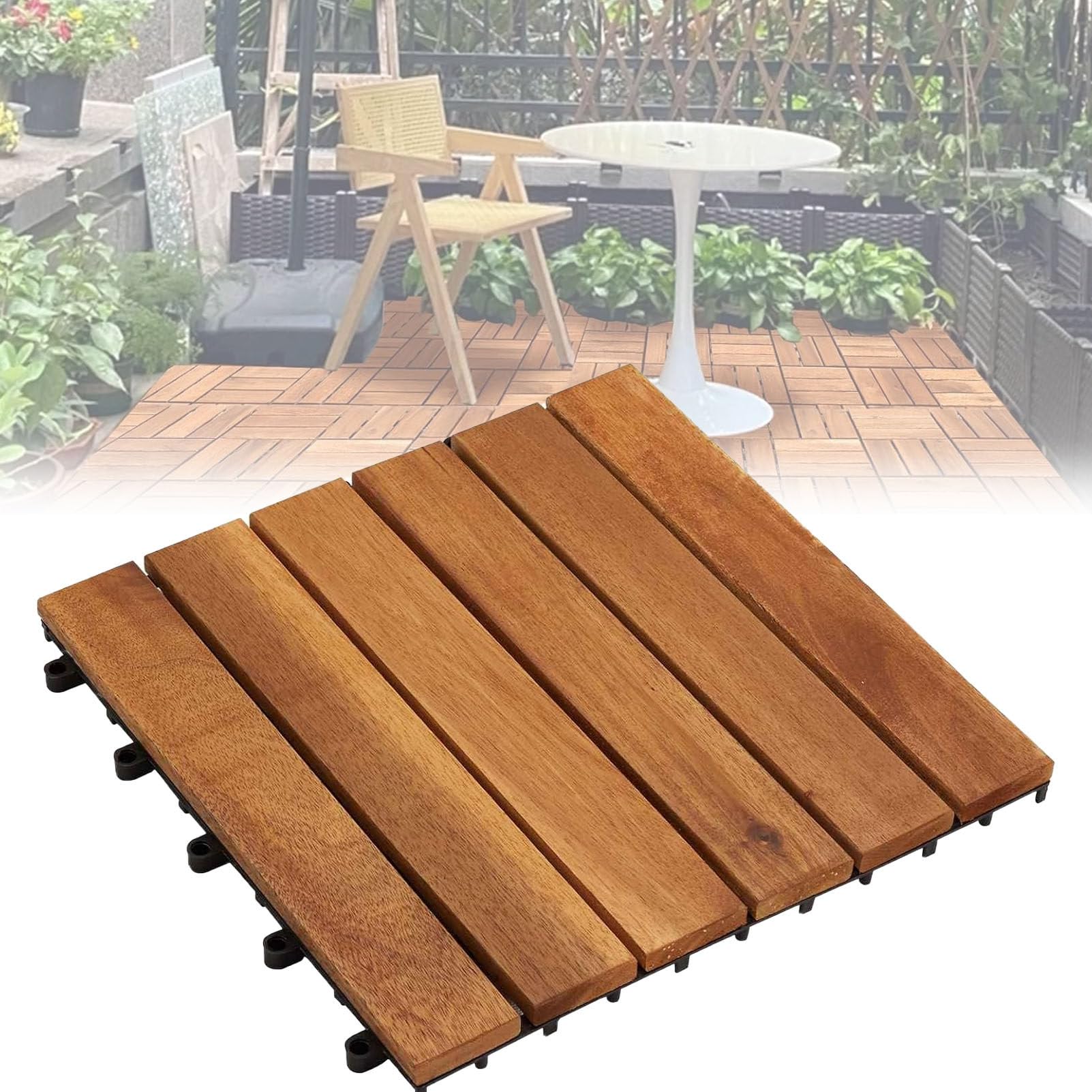 Piastrelle per pavimentazione in Legno di Acacia 6-Slat-12pc | Pavimentazione a incastro 30x30 cm per patio; piastrelle in legno duro resistente per giardino,balcone e spazi esterni