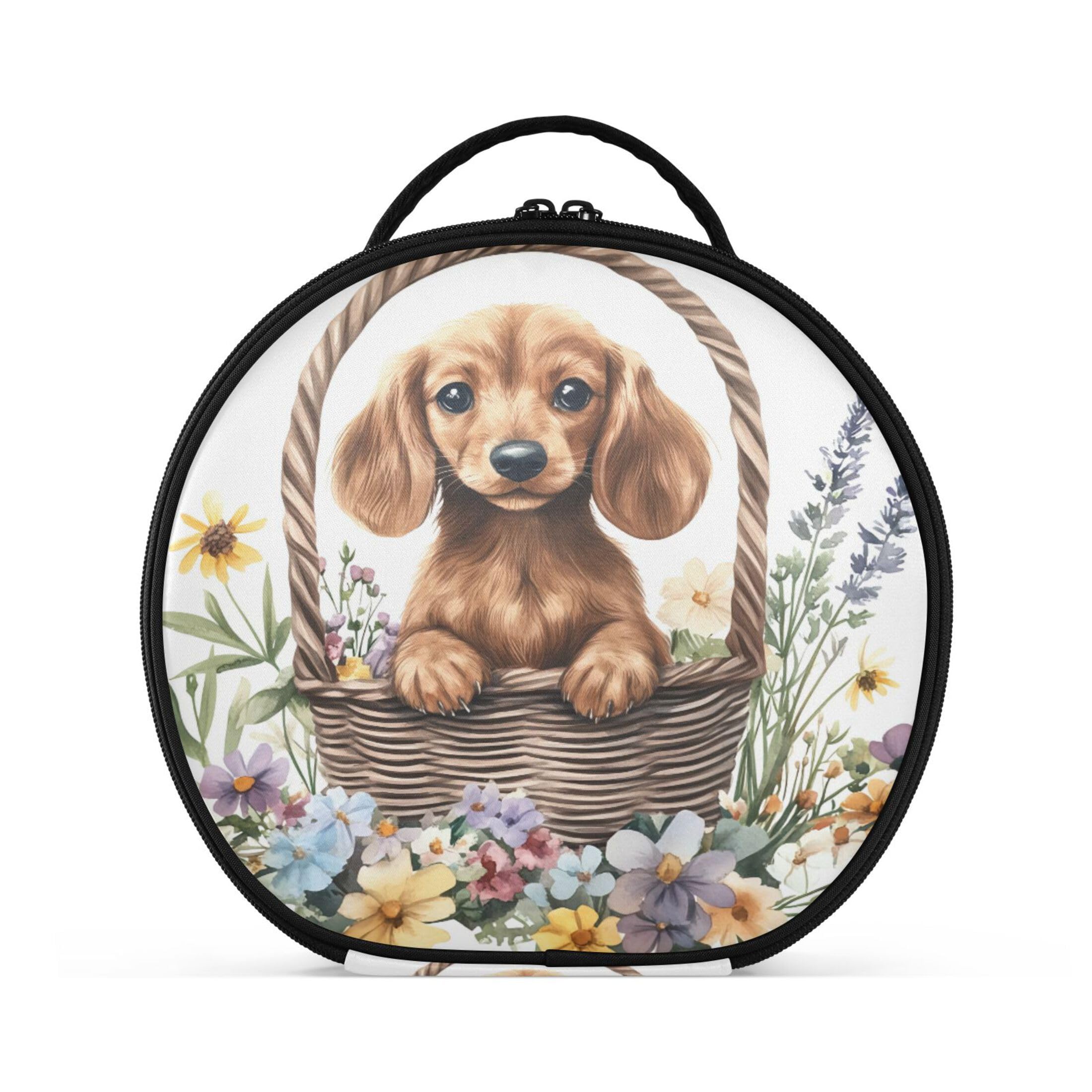 Takiito Cute Dog in Basket Flowers Travel Makeup Case Portable Makeup Box Artist Cosmetic Case Organizer With Adjustable Dividers