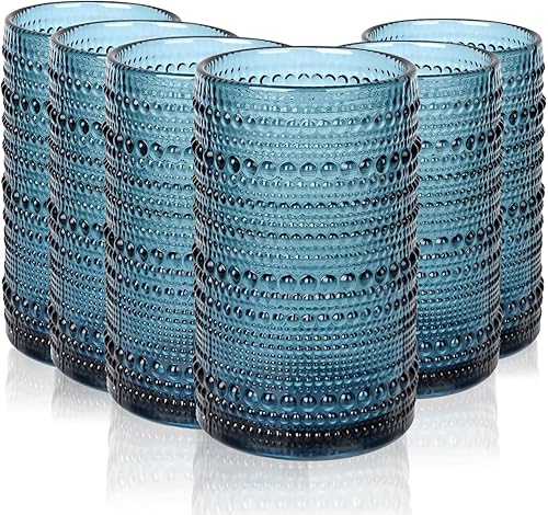Juego de 6 vasos para beber Hobnail de 15 onzas, vasos de vidrio en relieve, vasos altos, vasos azules, juego de cristalería vintage para jugo, disponible en Yaxa Colombia