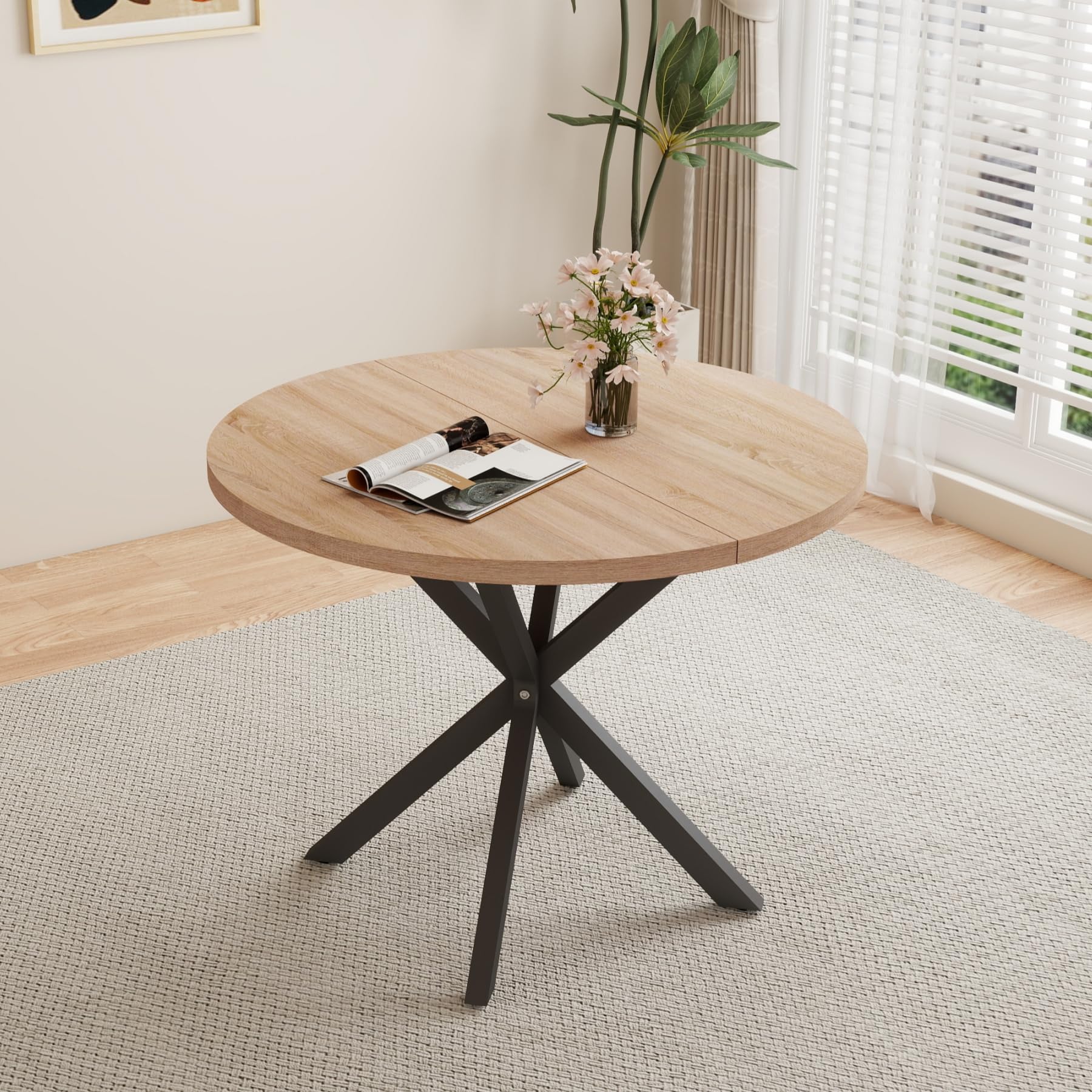 GrandCA HOME Ensemble Table et Chaises à Manger Ronde 100 cm 4 Chaises en Lin Modernes Claire Kaki