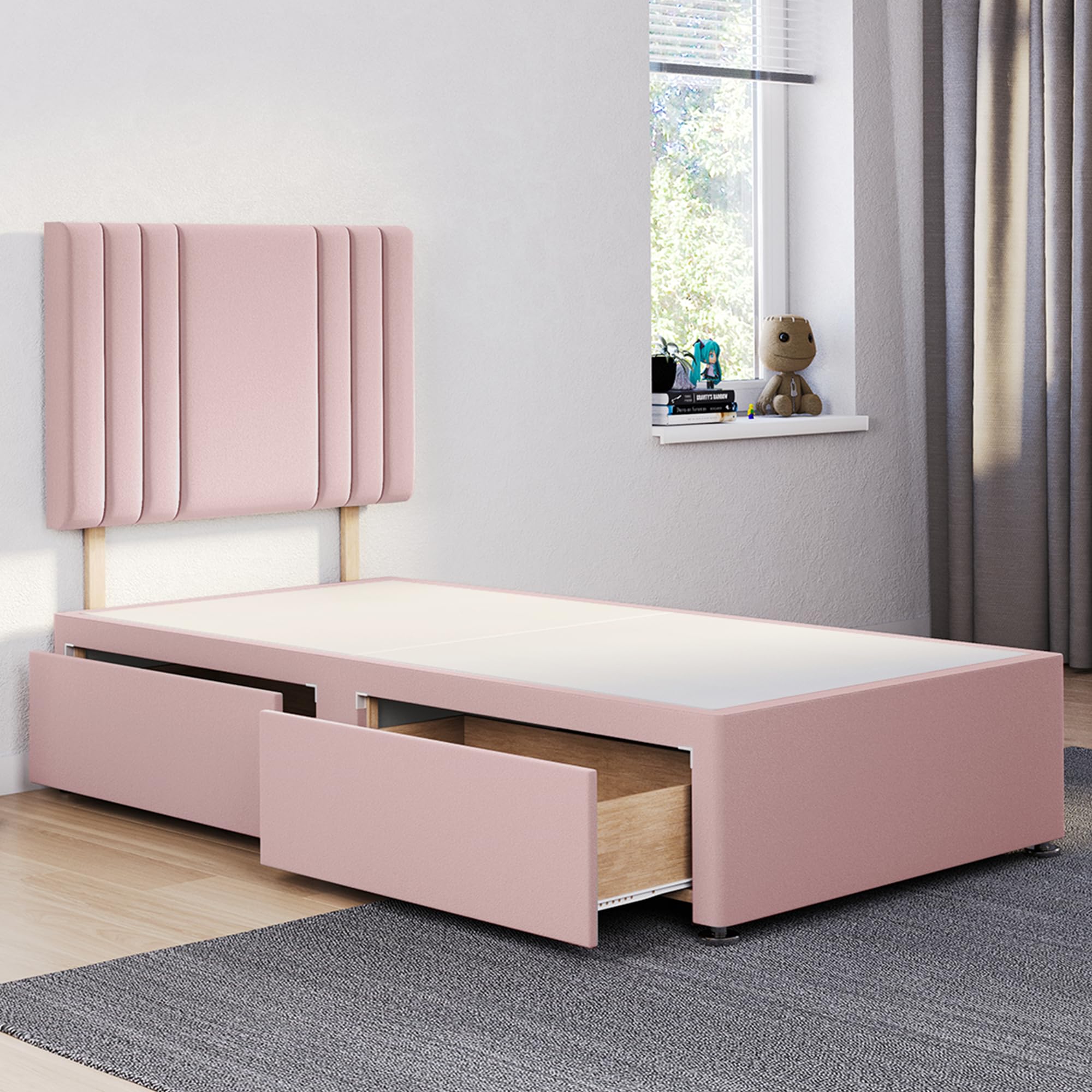 ComfoRest - Sophisticated 3FT Single Divan Bed with 2 Drawers & 24" Streak Headboard | Versatile Frame with Storage and a Sturdy Base for Modern Homes (Pink Plush)