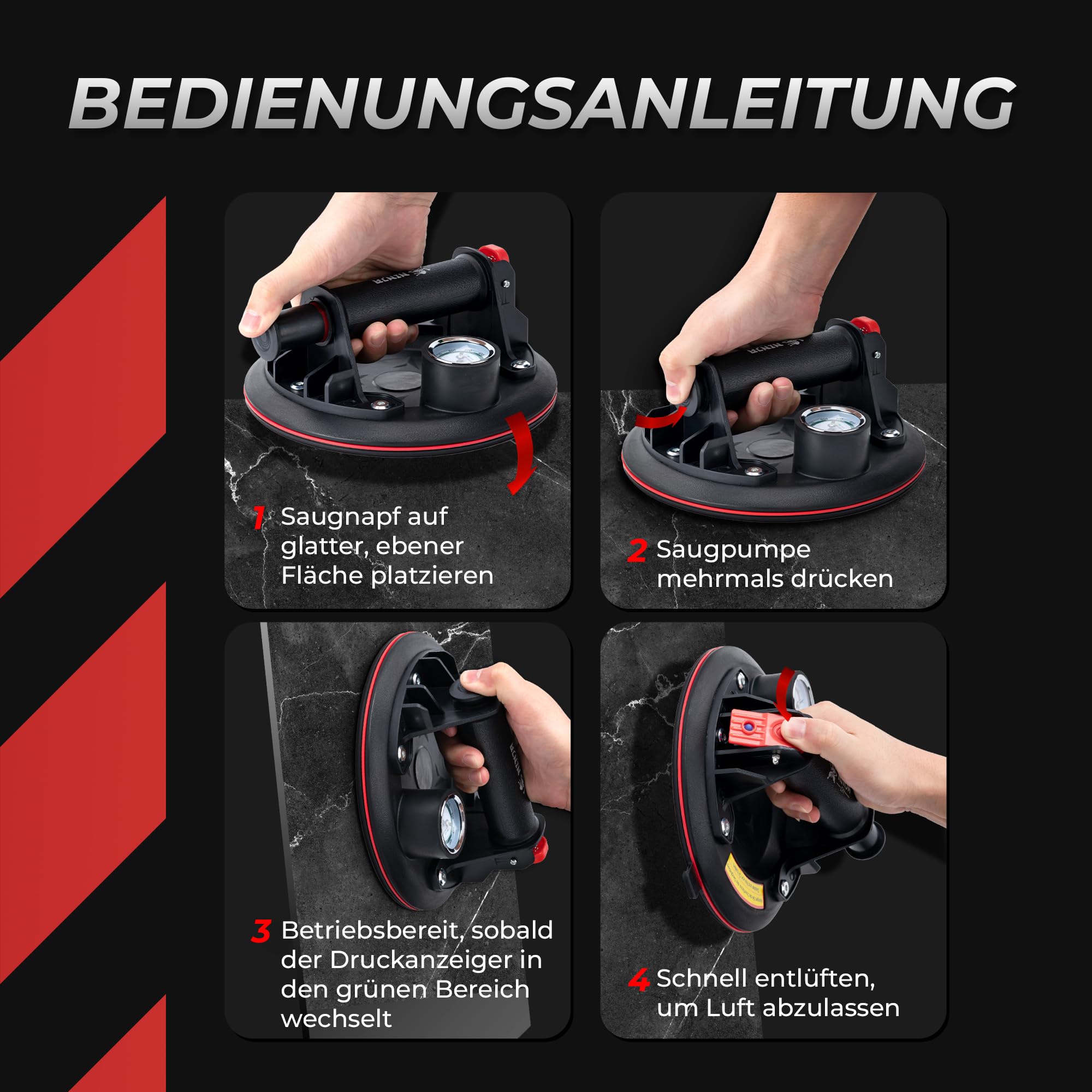 Saugheber 2er Set - Robuste Glasheber für Glas, Fenster, Laminat, Fliesen, nur für glatte Oberflächen – NICHT FÜR TERASSENPlATTEN UND RAUE OBERFLÄCHEN - Vakuumheber Saugnäpfe für Fenster