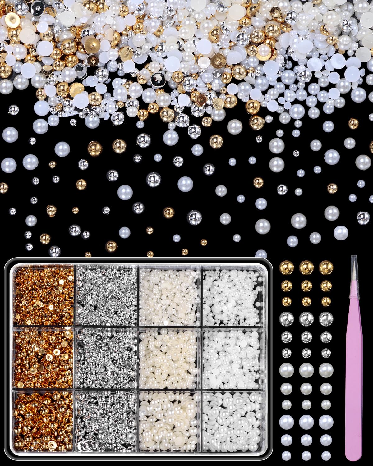 Gold Silver Half Pearls Beads Mix Sizes Flatback Nail Pearls for Nail Art, White Beige Nail Pearls Gems ABS Round Plastic Beads for Manicure Face Art