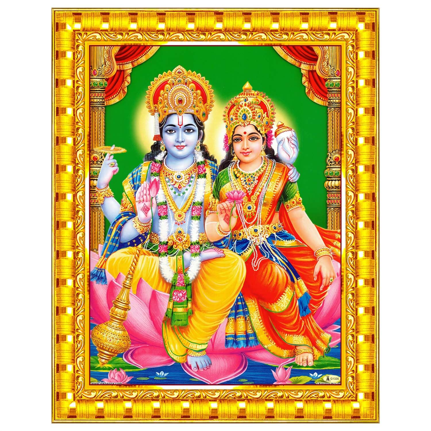 Lord Vishnu Dev Lakshmi Devi Laxmi Narayan Wall Painting Framed Home Decor (Wood,Matte,Gold,Small Size,6 x 8 Inch) R1586S