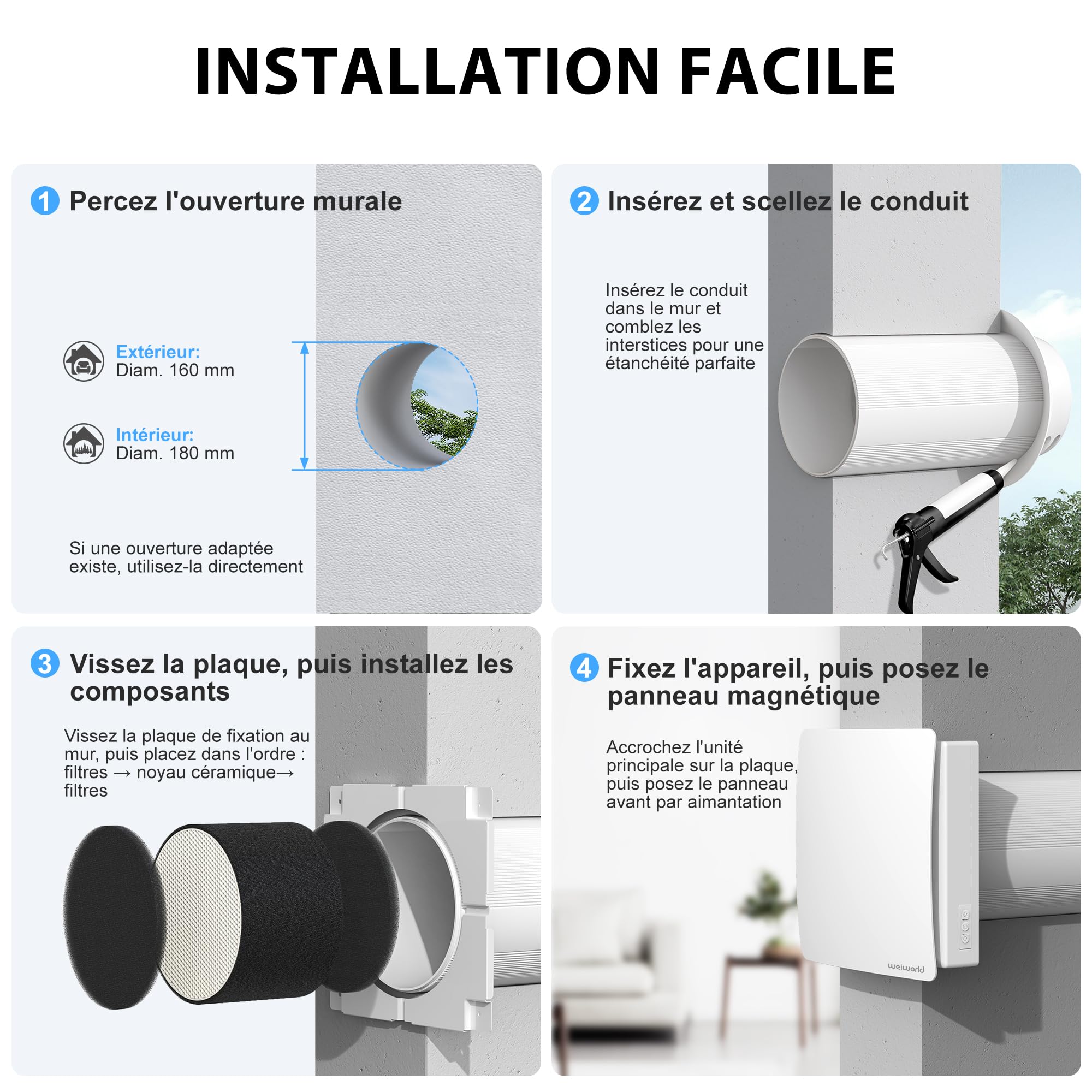 VMC Décentralisée 150 mm avec Récupération de Chaleur Céramique, VMC Double Flux Murale pour Pièce Individuelle, WiFi & Télécommande, Moteur EC Silencieux, Cycle Automatique 65 s