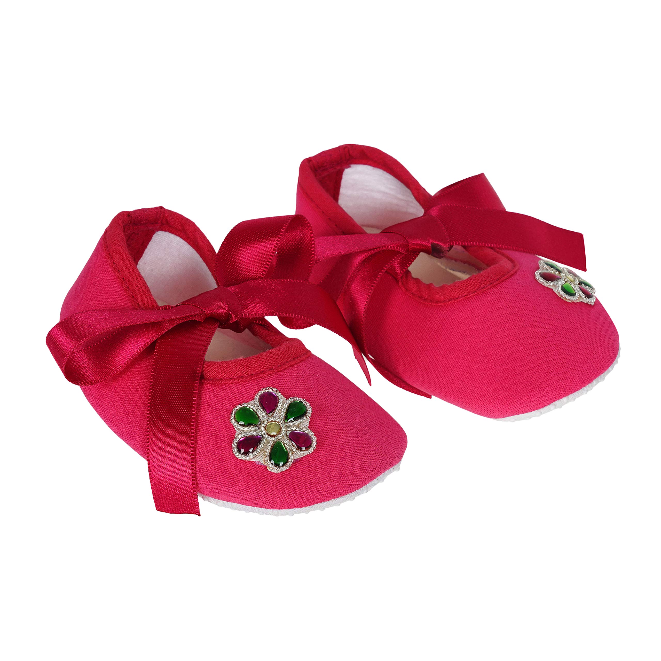 Cotton Pink Booties Shoes with Flower Applique and Ribbon Closure for Baby Girl & Boy-image-0