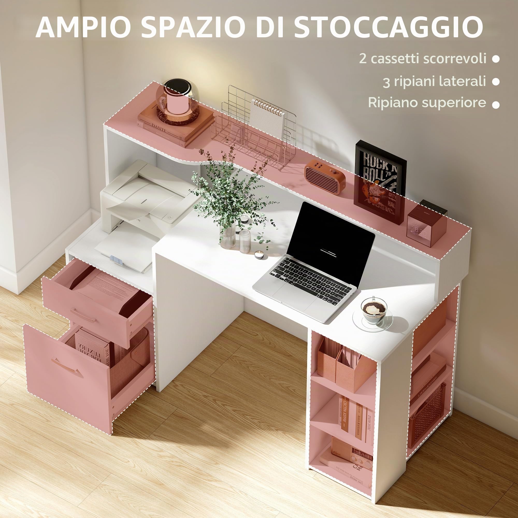 HOMCOM Scrivania per computer con 2 cassetti, 137 x 55 x 92 cm, colore: Bianco