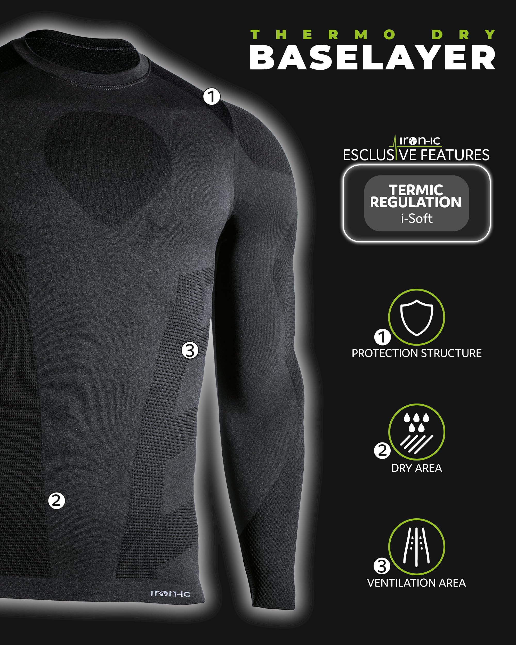 Iron-Ic - T-Shirt Uomo Maniche Lunghe I-Soft Seamless con Tessuto Thermo Dry - Fitting Slim per Sport Outdoor e Indoor - Art. 201771