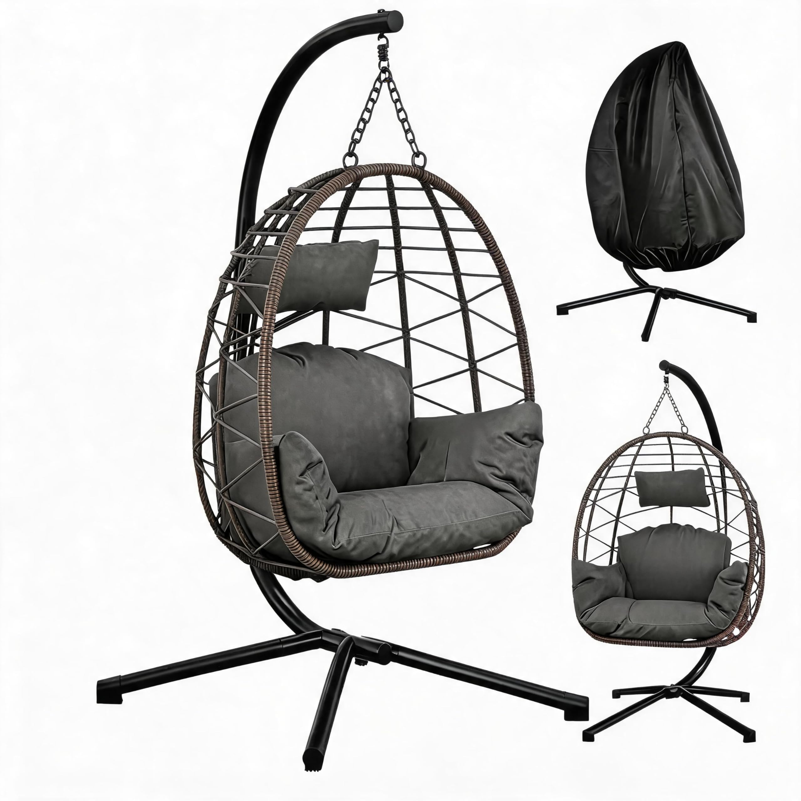 Hängesessel mit Gestell, Grau | Maximale Tragkraft 165 kg, Rattan Gestell, Dicke Kissen, Für Indoor Outdoor, Ideal für Wohnzimmer, Balkon und Garten