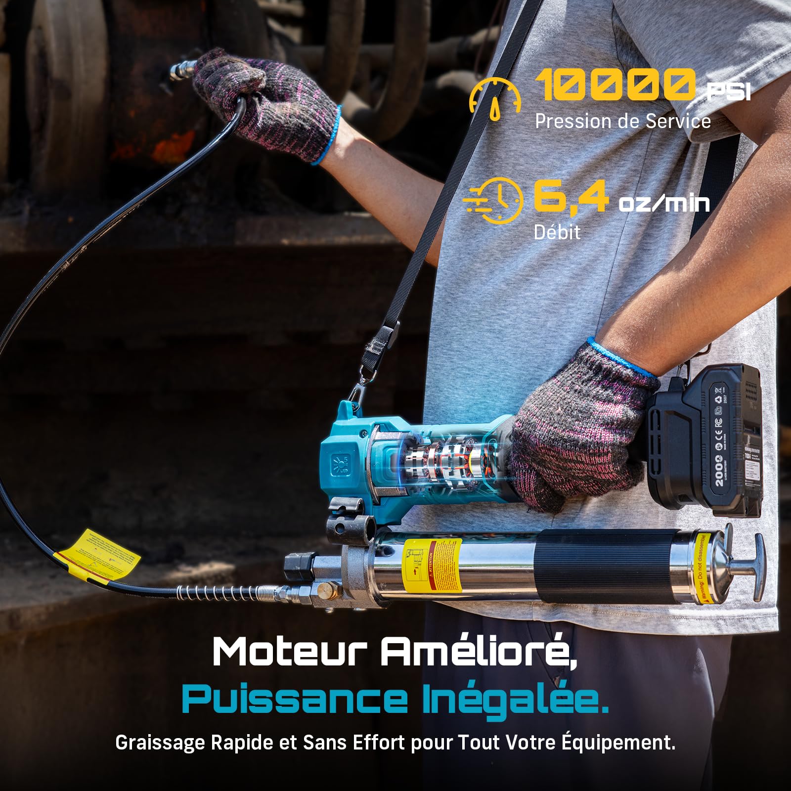 Seesii Pompe a Graisse Électrique: Efficacité Pistolet Graisseur 6,4 oz/Min 10000 PSI, Tuyau de 39.4'', 2 * 2,0 Ah Batteries avec Chargeur, Conçu pour Agriculteurs, Camionneurs et Équipements Lourds
