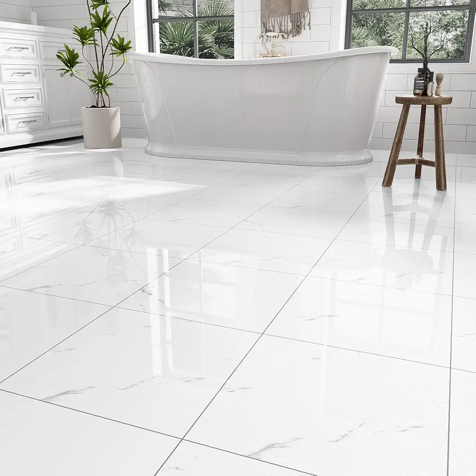 20-Pack Peel and Stick Floor Tiles Vinyl Floor 12 x 12 inch Self Adhesive Waterproof Glossy Flooring Planks DIY for Bathroom, Kitchen, Living Room, RV, Cover 20 Sq. Ft, Polish White Marble