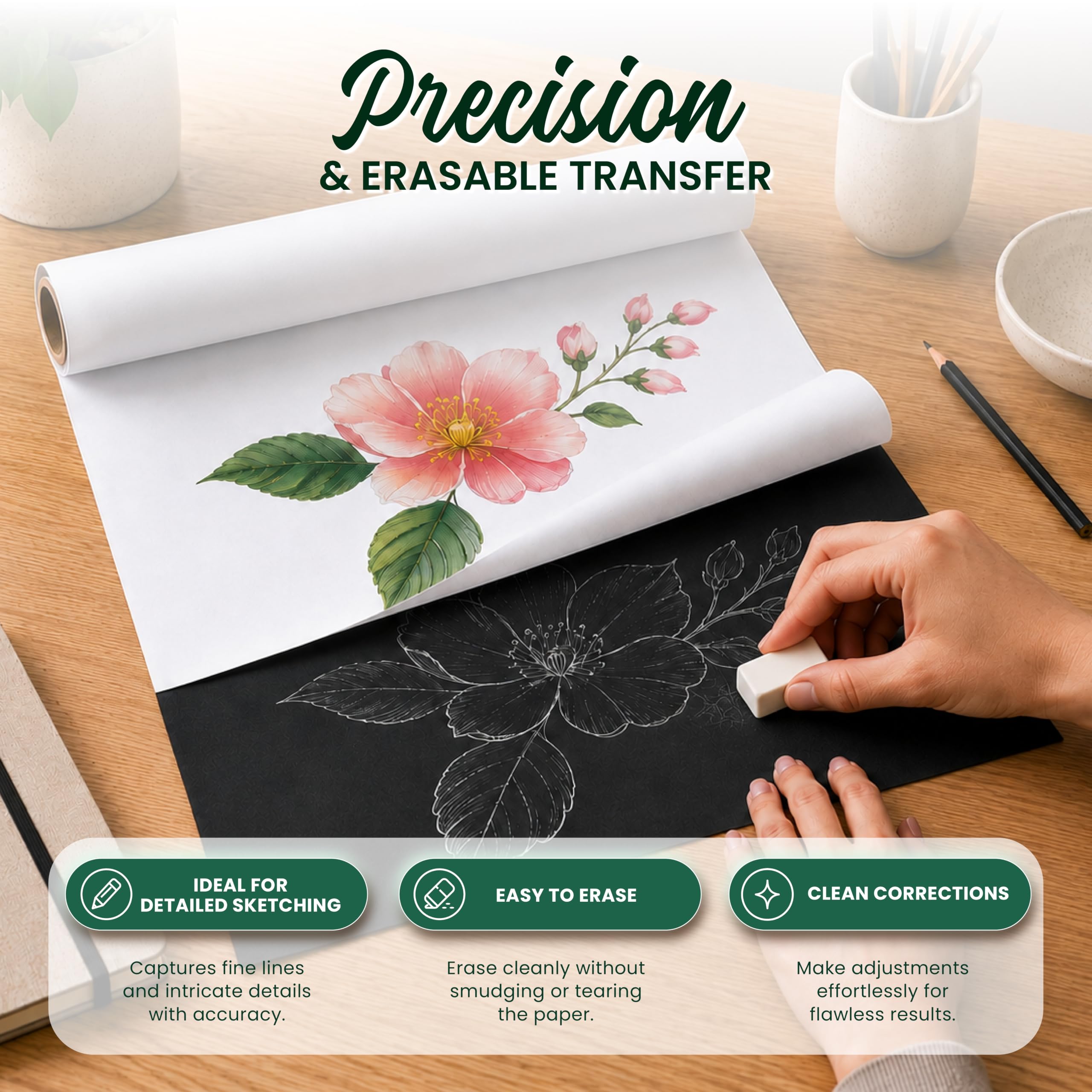 MyArtscape Rotolo di carta trasferibile bianca, 43,2 cm x 9,1 m, in grafite senza cera, per tracciare e disegnare su legno, tela, cartone, ceramica e superfici scure, cancellabile, senza sbavature, su
