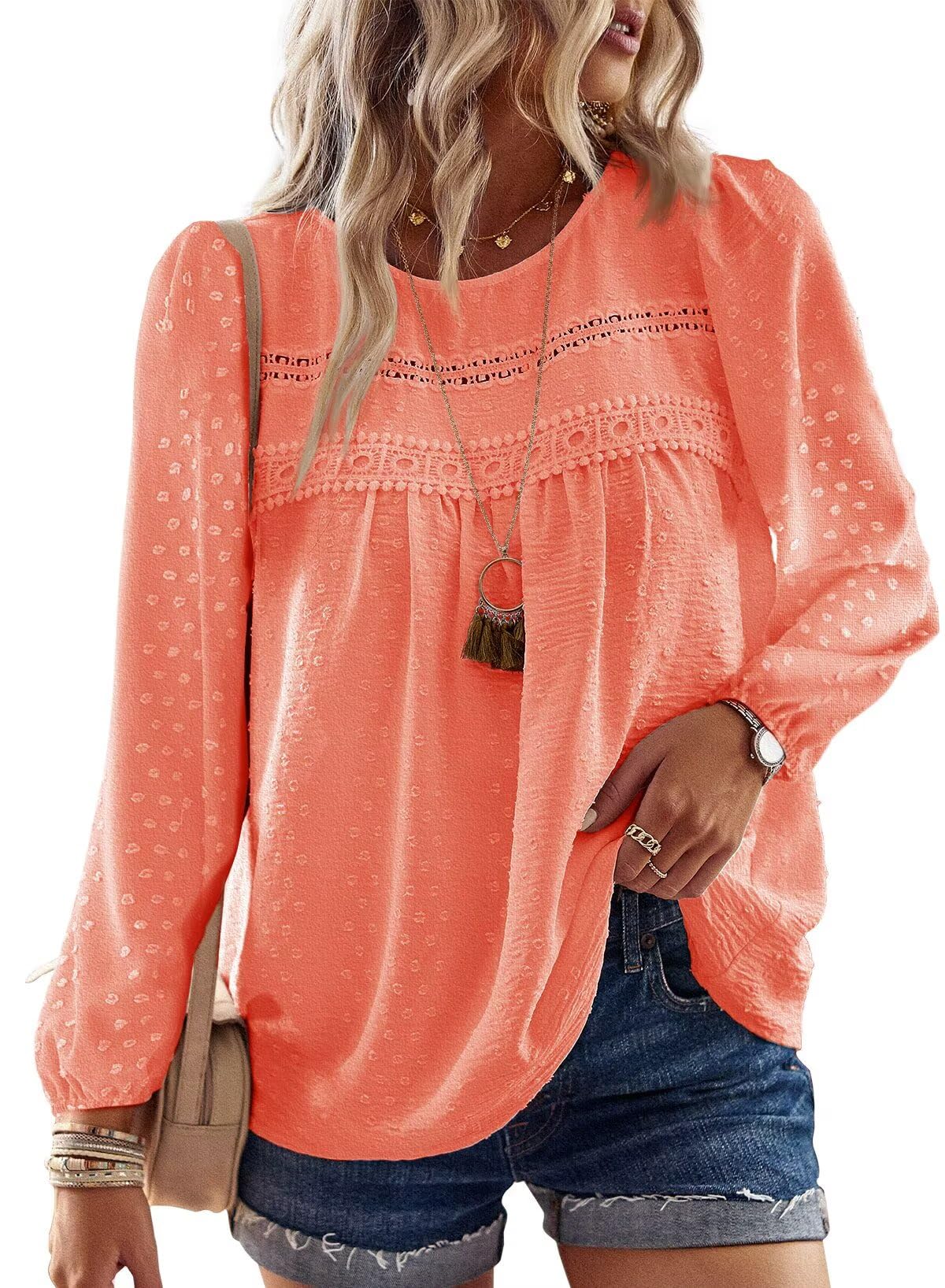 TUUHAW Tunika Damen Langarmshirt Herbst Boho Bluse Fließend Elegant Tunika Rundhals Top Oberteile Lässig Winter Frühling Outfits Spitze Kleidung Longshirt Langarm Knallorange L
