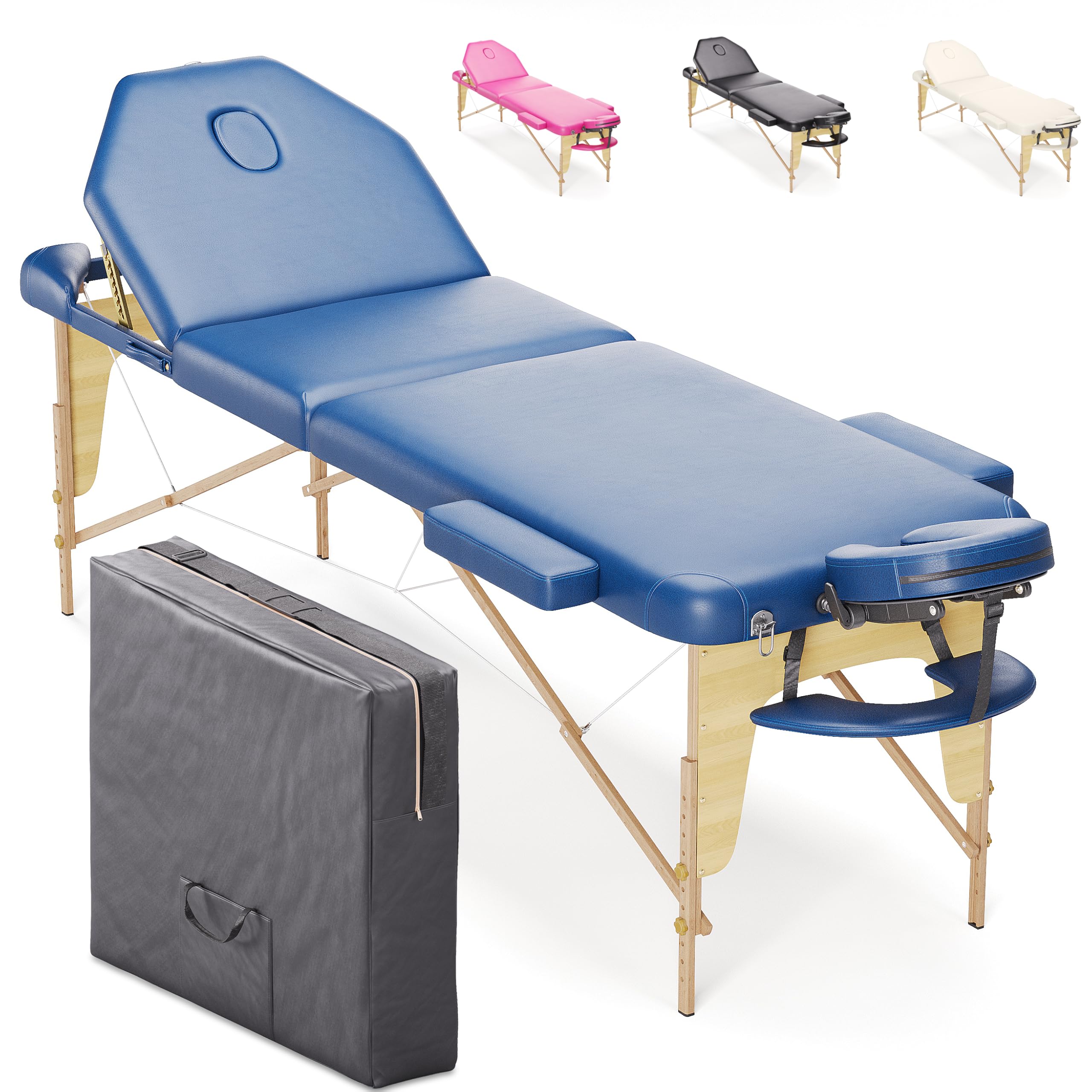 Beltom® Lettino per Massaggio Portatile 3 Zone Nuovo Modello - Dimensione XL 195 X 70 CM - Pannello Reiki - Angoli ARROTONDATI E RINFORZATI - ESTETICA Fisioterapia Tatuaggi Relax - Blu