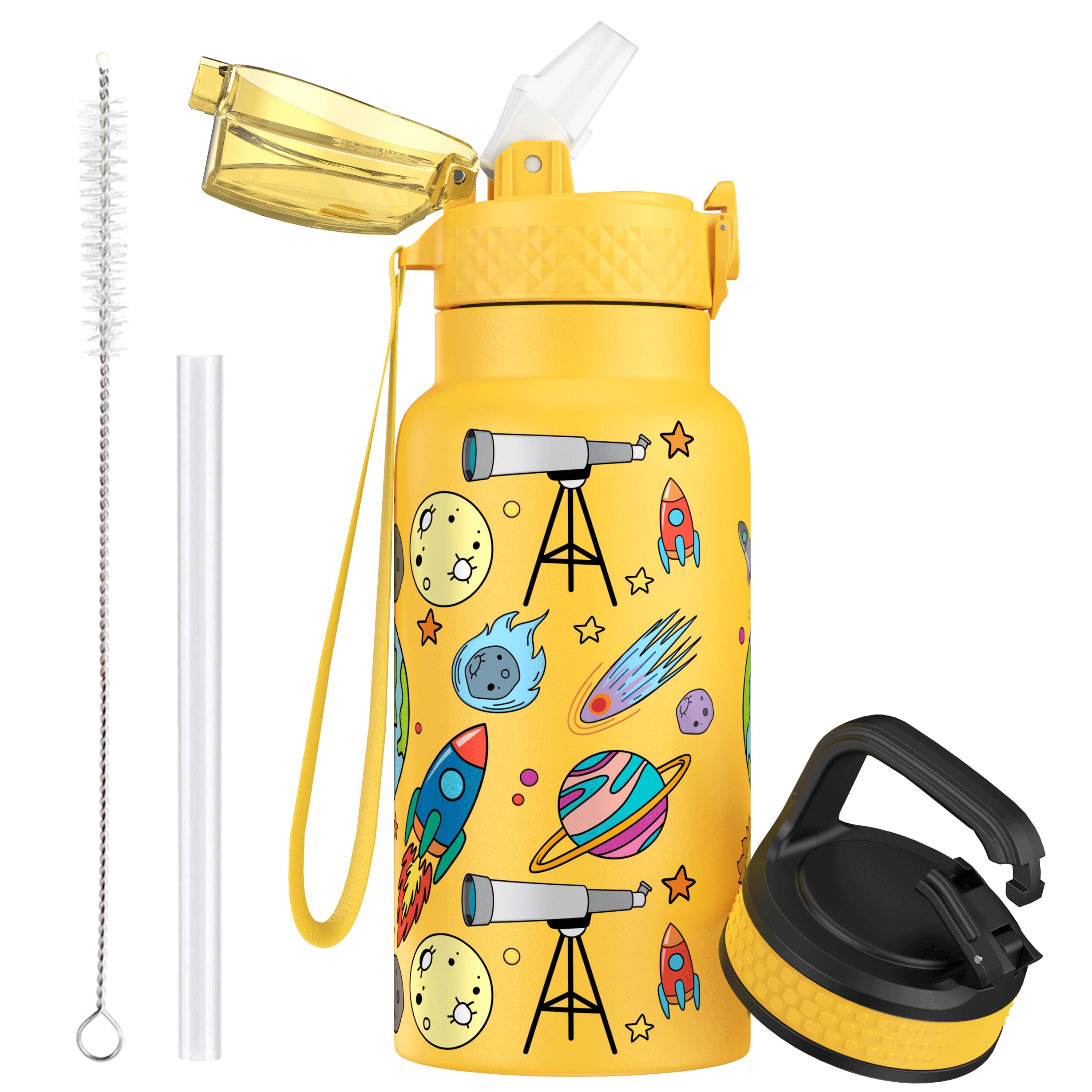 OLDLEY 500ml/17oz Kids Stainless Steel Insulated Water Bottle with Straw Double Wall Metal Vacuum Leakproof Small Flask with 2 Different Lids Hot Cold Drinks for Boys Girls Children (Yellow Universe) — image 1