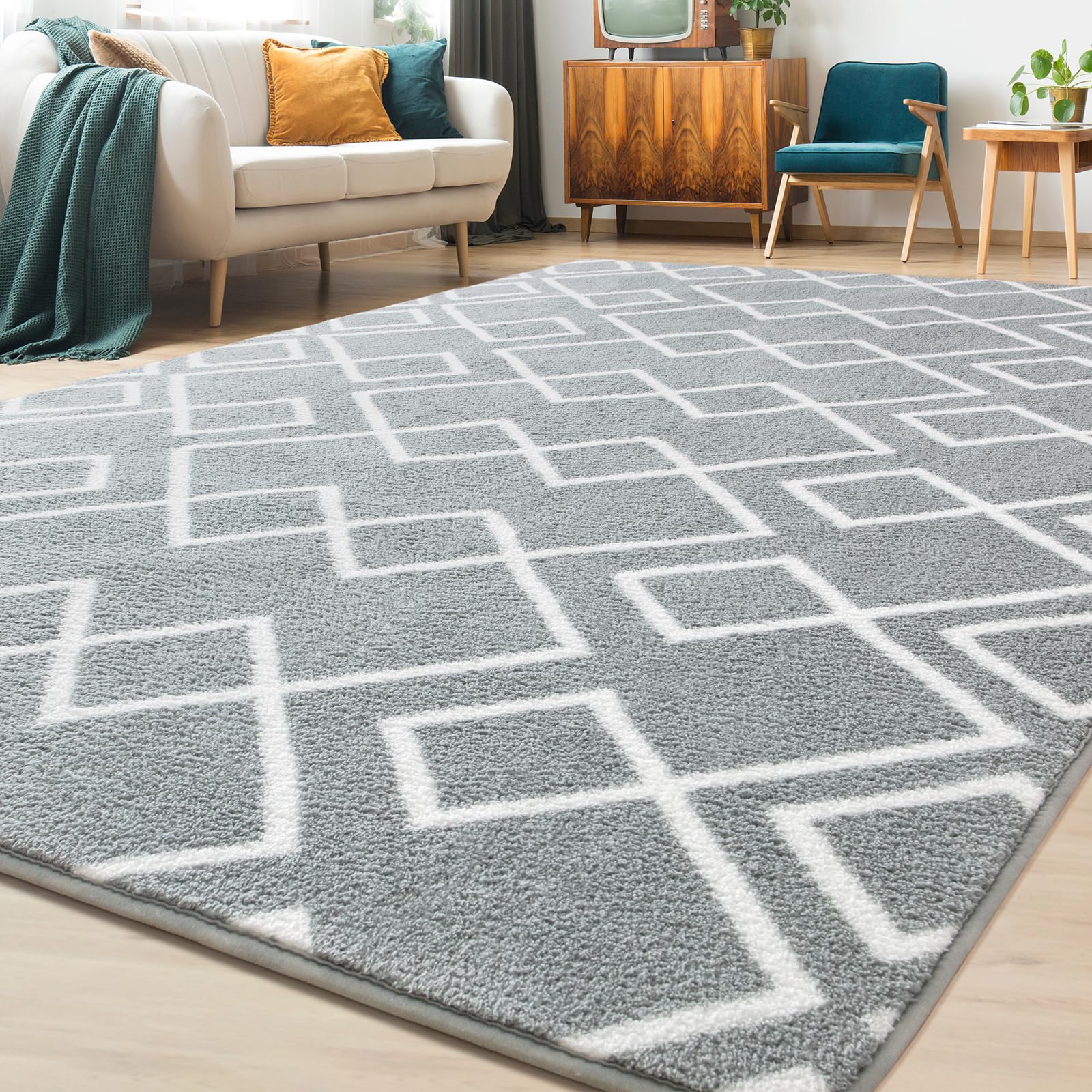 4x6 Feet Geometric Modern Area Rug for Bedroom, Grey Shag Rug for Living Room, Fluffy Moroccan Rug with Memory Foam Carpet Room Decor for Home Bedside Girls Kids Nursery Play Mat