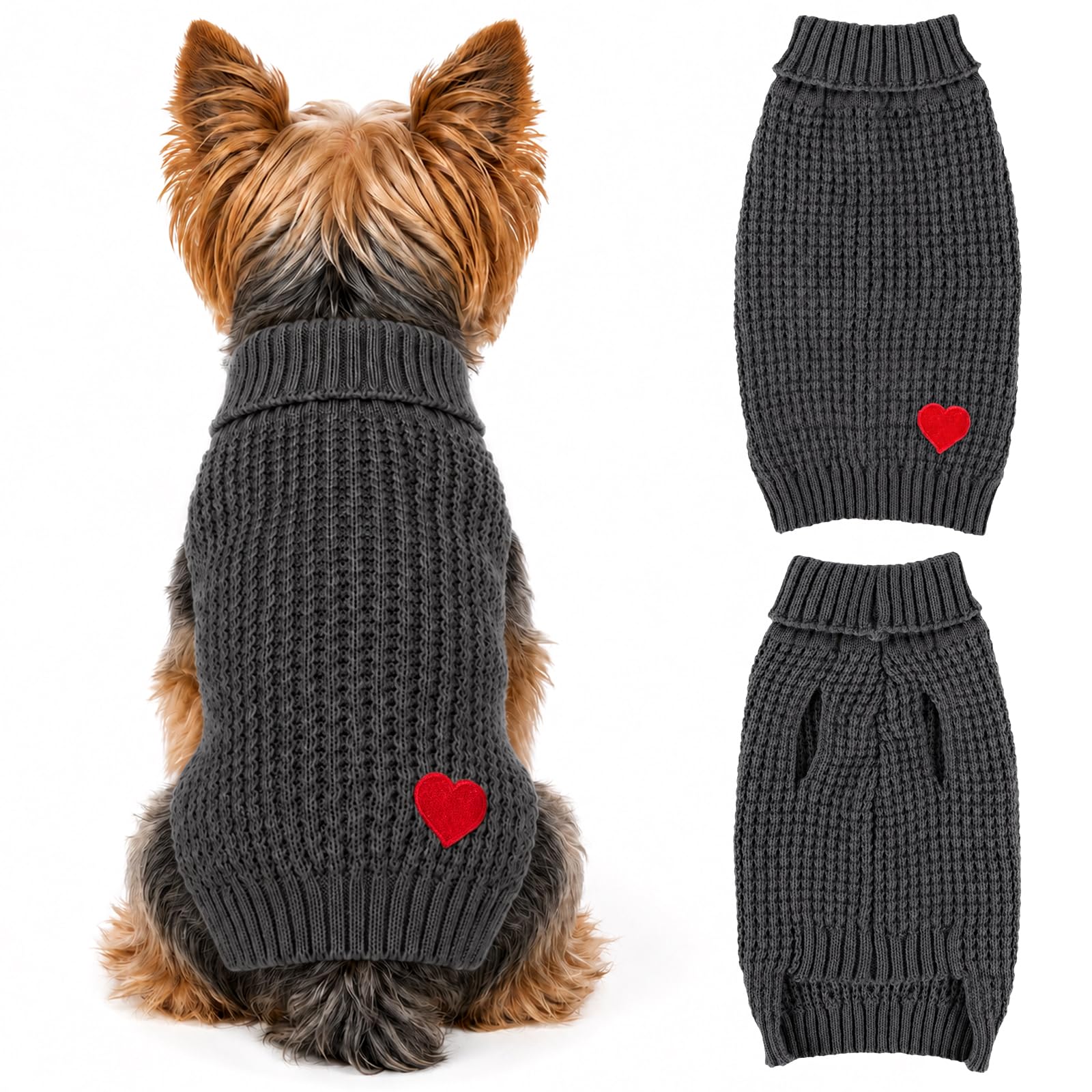 Winmany Dog Sweater for Small Dogs Puppy Solid Color Heart Jumper Chihuahua Yorkie Turtleneck Pullover Clothes Fall Winter Knitwear Outfits (Grey, S)