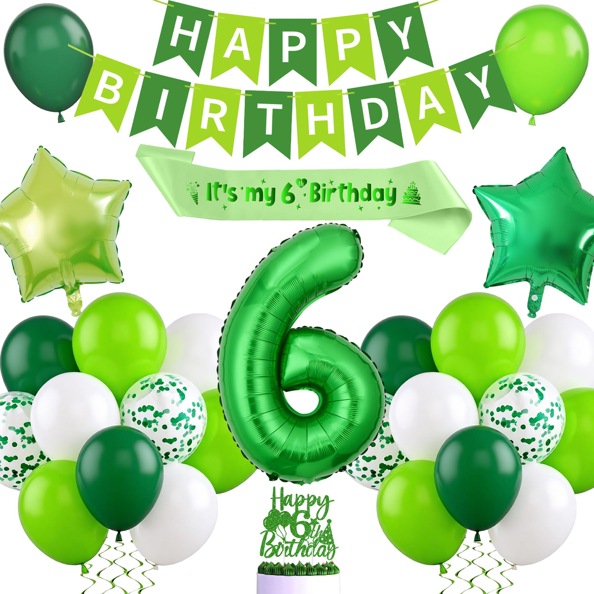 Green 6th Birthday Decorations Set - Happy Birthday Banner Number 6 Balloon Decoration, Cake Topper and Sash for Girls and Boys 6 Year Old Party