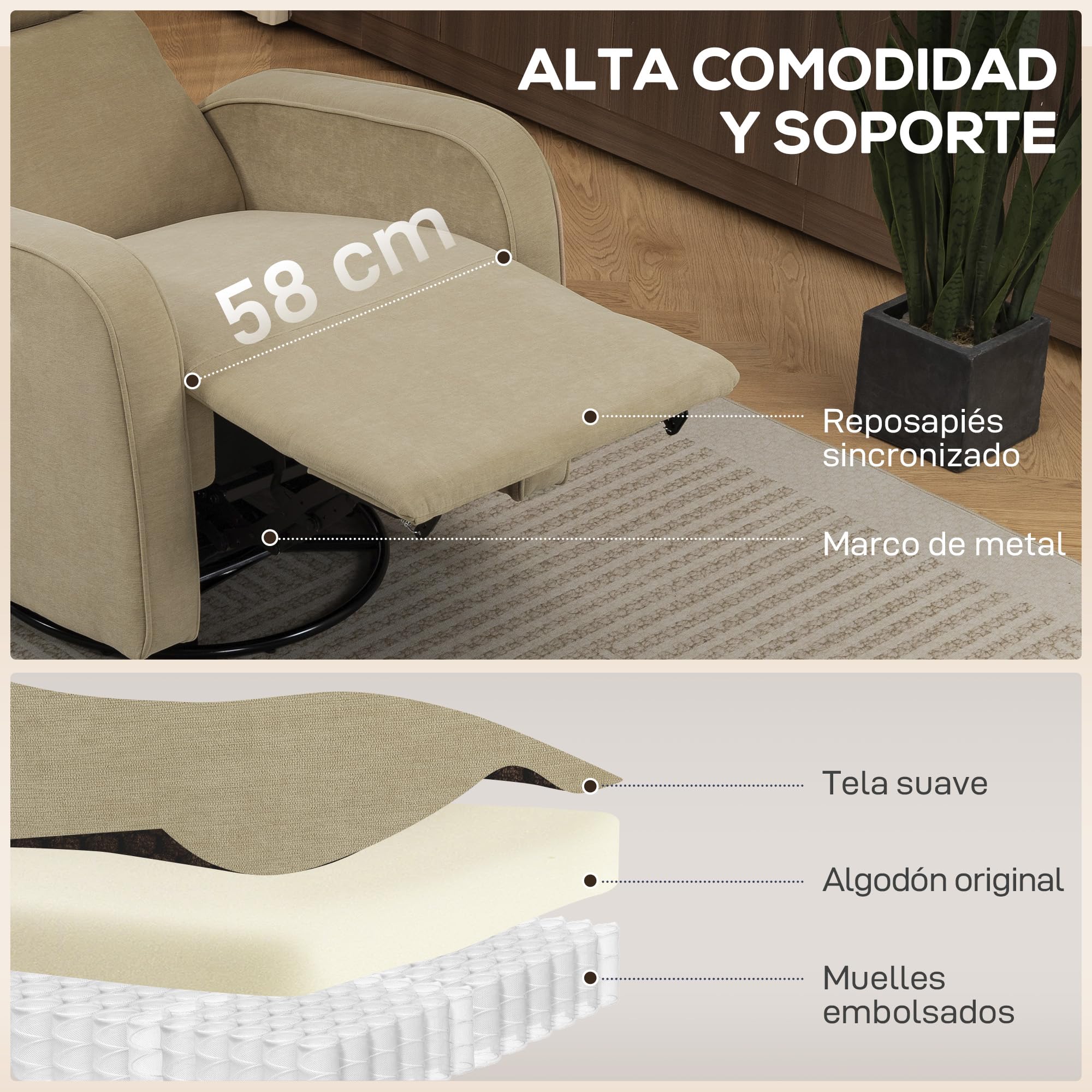 HOMCOM Sillón Relax Reclinable Eléctrico con Doble Motor Reposapiés Beige | Sillón Reclinable de Chenilla Giratorio, Balancín, Reposacabezas Ajustable, Puertos USB y USB-C, Botones Iluminados
