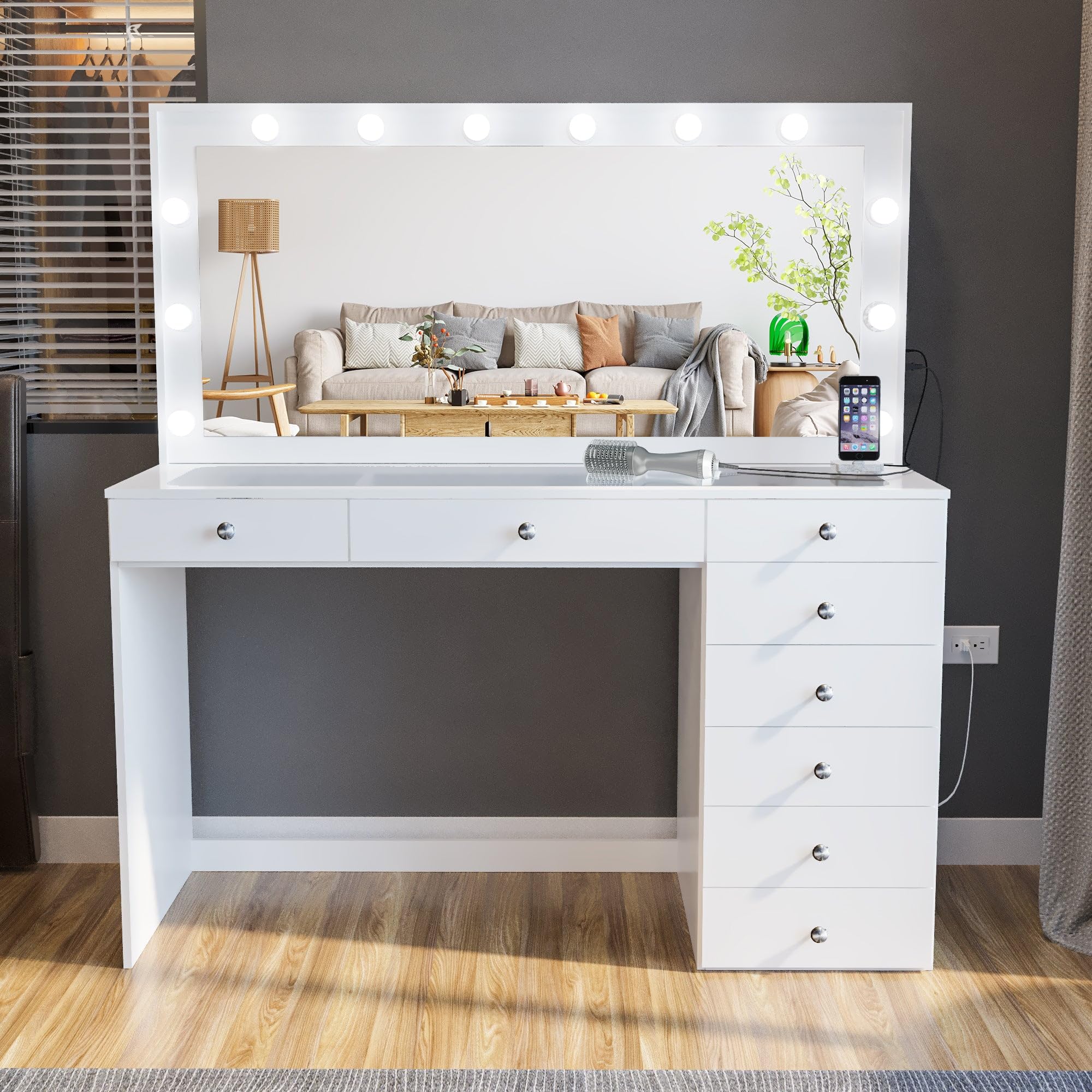 ( only bulbs) Boahaus Ketevan Makeup Vanity with Lights Bulbs Built-in, USB Outlet, 8 Drawers, Glam Glass Top Vanity, Hollywood Vanity Mirror with Lights, Basic Knobs, White Vanity Makeup Desk for Bedroom