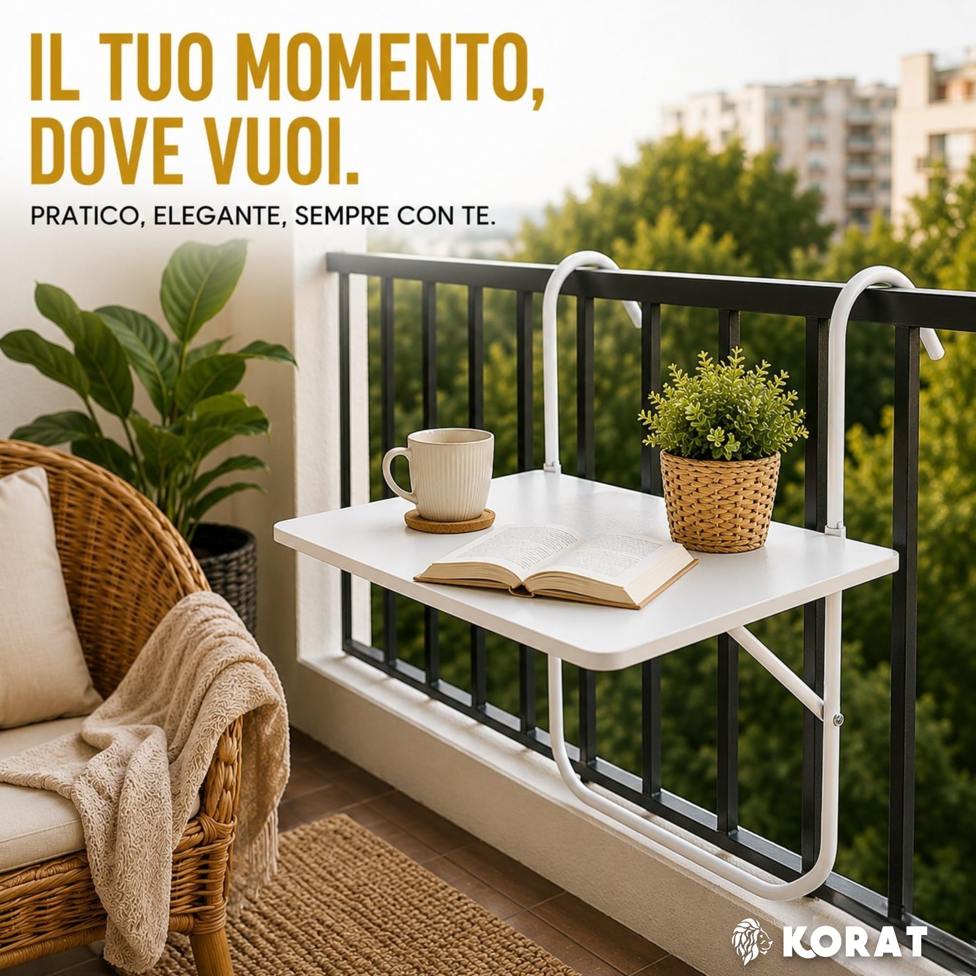 KORAT - Tavolo da Balcone Sospeso 60x40 cm, Tavolino Pieghevole da Ringhiera con Ganci Regolabili fino a 15 cm, Portata 15 kg, Tavolo Salvaspazio per Balcone, Terrazzo e Giardino