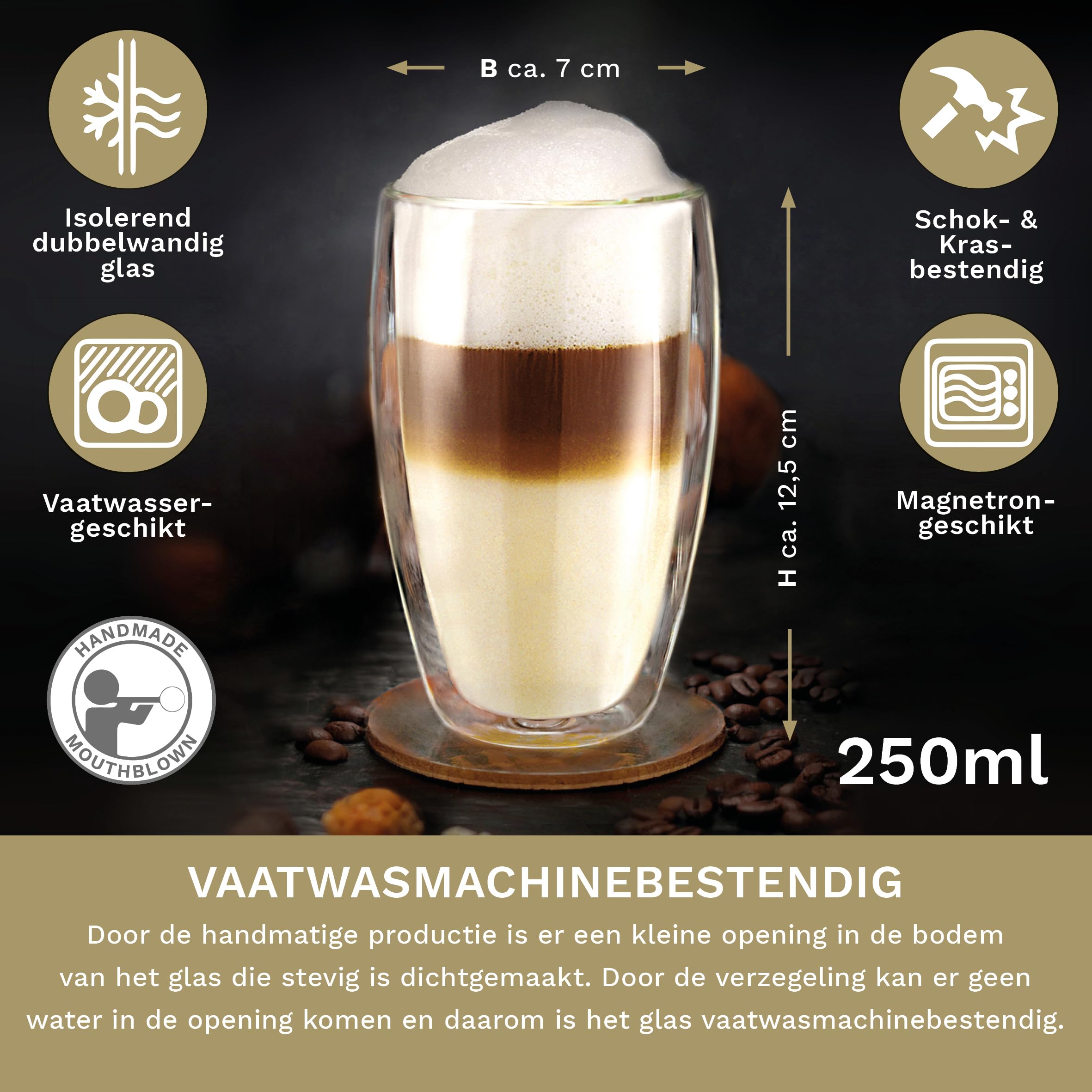 Creano dubbelwandig theeglas, latte macchiato, thermo mok bloem van het leven | 250ml, in exclusieve geschenkdoos Set van 6