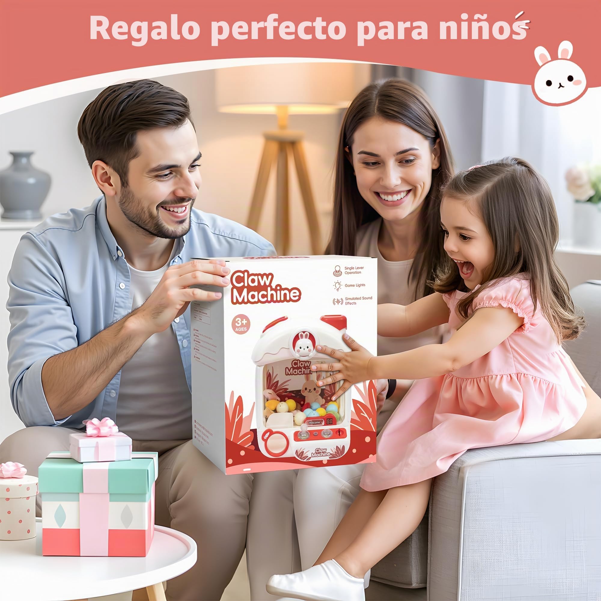 cossy Máquina de Gancho, Candy Grabber con 20 Juguetes y 24 Monedas, Máquina de Garras para Niños con música y luz, Máquinas expendedoras de Garras, Regalos de cumpleaños y Navidad, Conejito Bonito