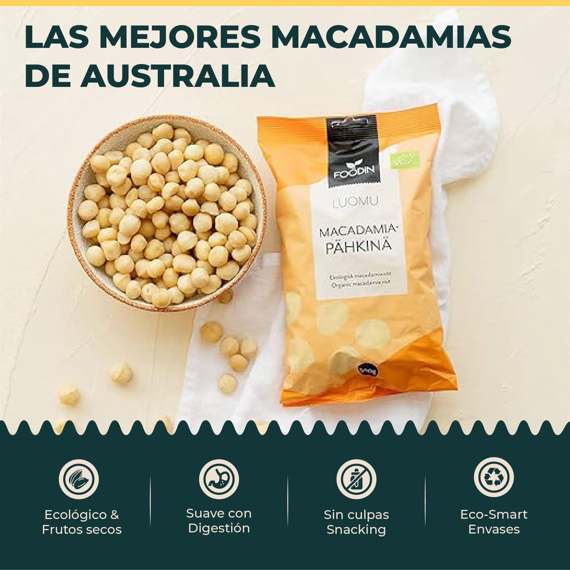 FOODIN Nueces de Macadamia Orgánicas 1 kg (2 x 500 g) – Crudas, Sin Gluten, Veganas, Keto – Frutos Secos Naturales para Snacks, Cocina y Postres