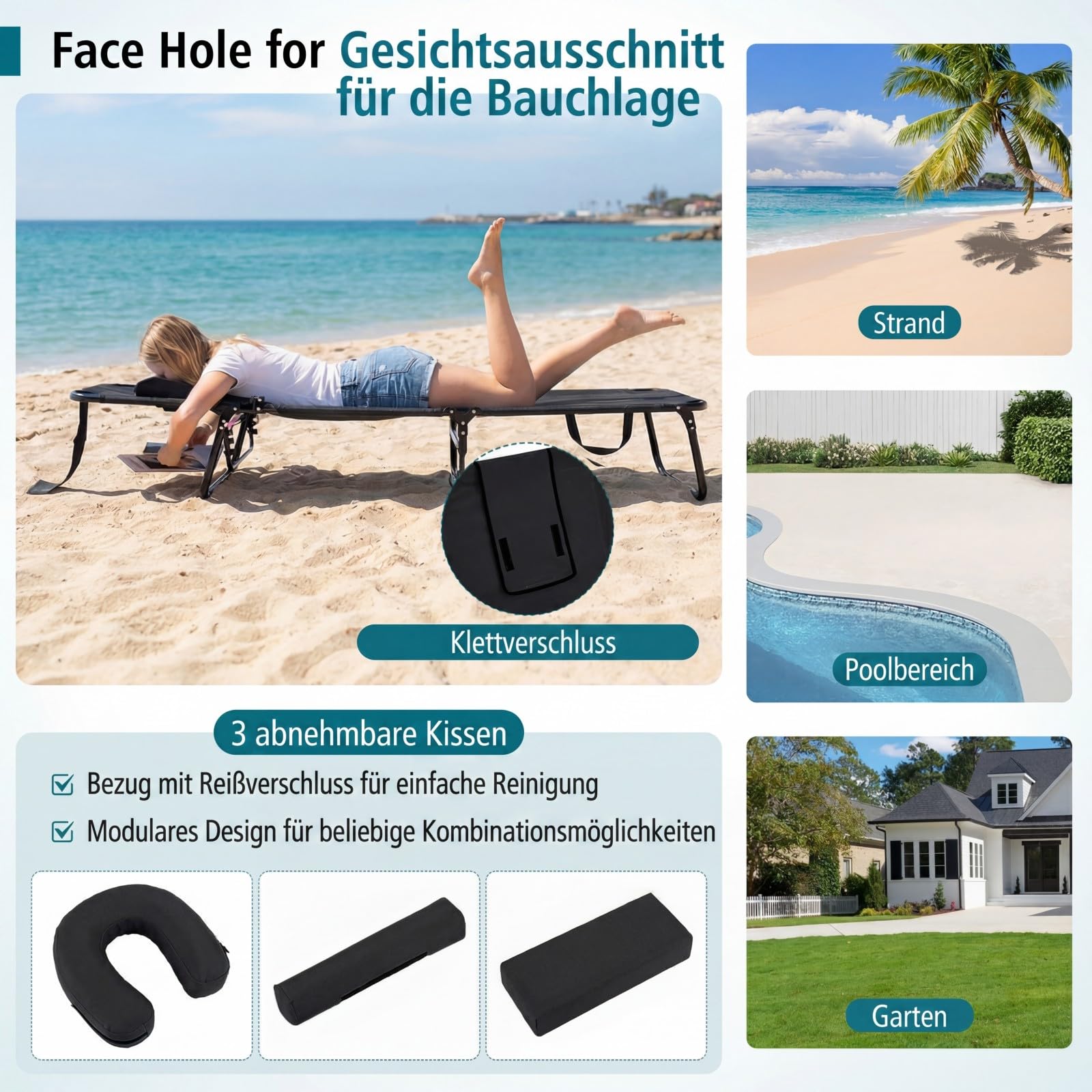 COSTWAY Sonnenliege mit Gesichtsöffnung, klappbare Gartenliege mit 3 abnehmbaren Kissen und 5-Fach Verstellbarer Rückenlehne, Strandliege Liegestuhl für Garten und Poolbereich (Schwarz)