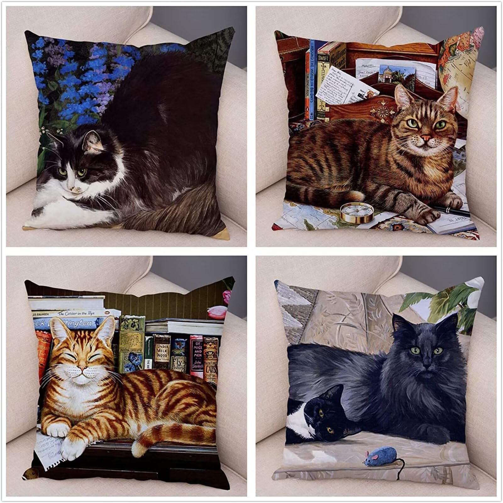 Fundas Cojines 55x55 cm Grande Exterior Impermeable Lino Cojines para Sofa Vistoso Patrón Decorativos Coche Almohada con Cremallera Oculta para Sala de Estar Jardín Almohada Gatos Juego de 4 N-163