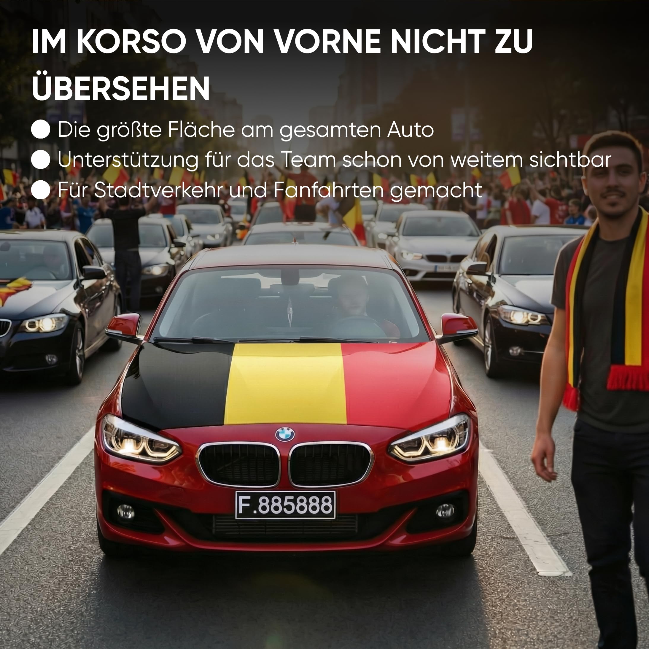 Auto Fahnen Belgien Komplett Set - Motorhaubenfahne, 2 Autofahnen Fenster, 2 Außenspiegelfahnen & 2 Magnet Autofahnen, Fußball EM & WM Fanartikel, Belgische Flagge Fahrzeug Deko