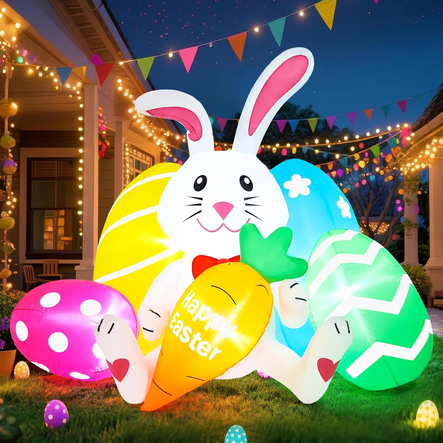 Easter Inflatables Outdoor Decorations 6FT Long Bunny Holding Carrot with Colorful Eggs Inflatable Decor Built in LED Lights Blow Up Yard Decoration for Indoor Holiday Garden Lawn Party Spring