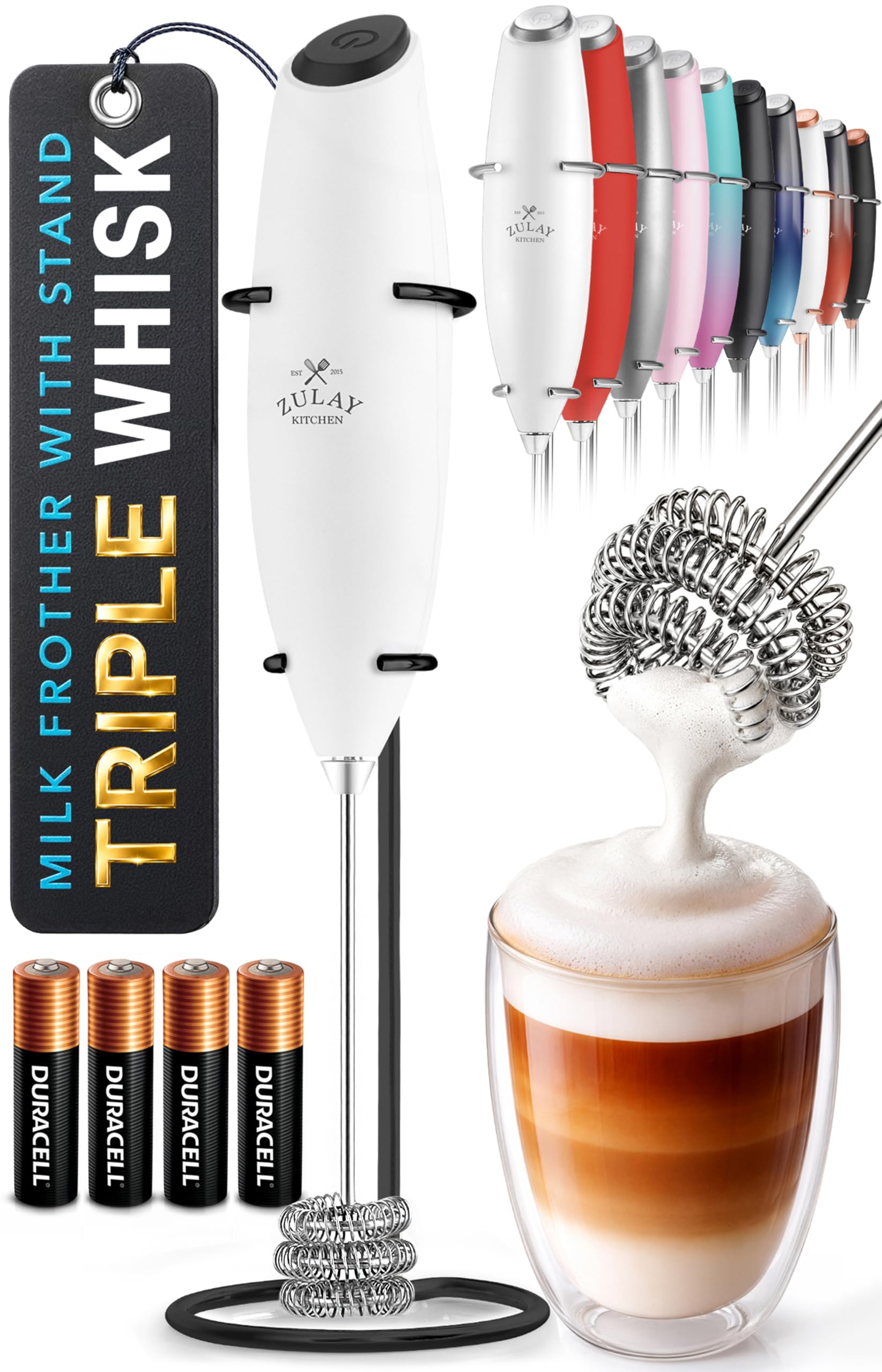 Zulay Kitchen Powerful Milk Frother Wand With Duracell Batteries - Ultra Fast Handheld Drink Mixer - Electric Whisk Foam Maker for Coffee, Lattes, Cappuccino &amp; Matcha - Triple Whisk - Black