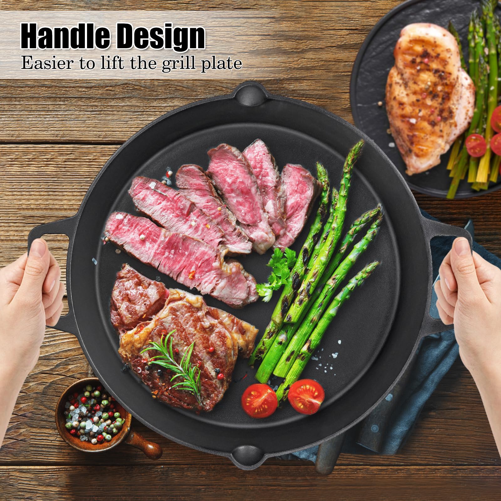 Denmay Universele gietijzeren grillpan, grote ronde gietijzeren pan met twee handgrepen en twee schenktuiten, multifunctionele braadpan ( 28 cm