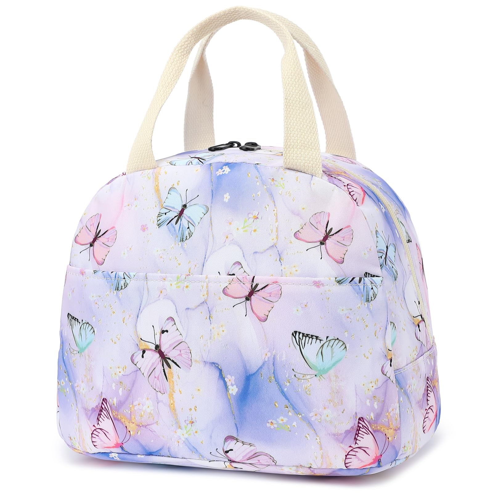 Marble Butterfly Lunch Bag for Women Girls, Insulated Lunch Tote Bags Reusable Lunch Box for Kids Adults School Work Picnic Travel (Purple)